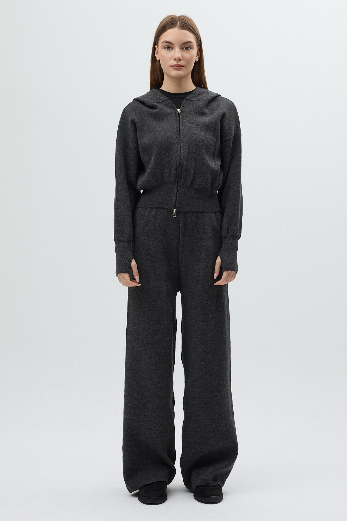 Antrasit Kapüşonlu Fermuarlı Triko Örme Pantolon Kadın Takım 2460 - 2