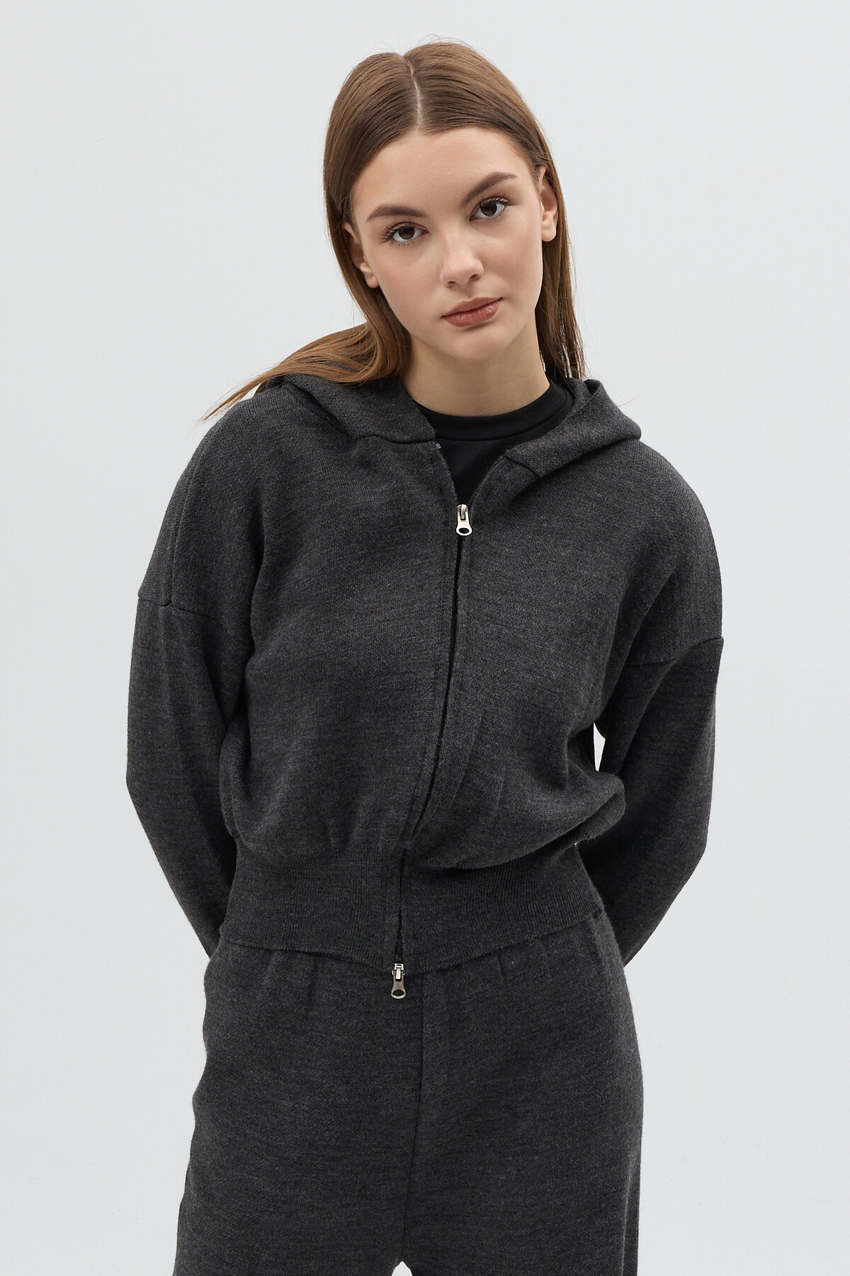 Antrasit Kapüşonlu Fermuarlı Triko Örme Pantolon Kadın Takım 2460 - 3