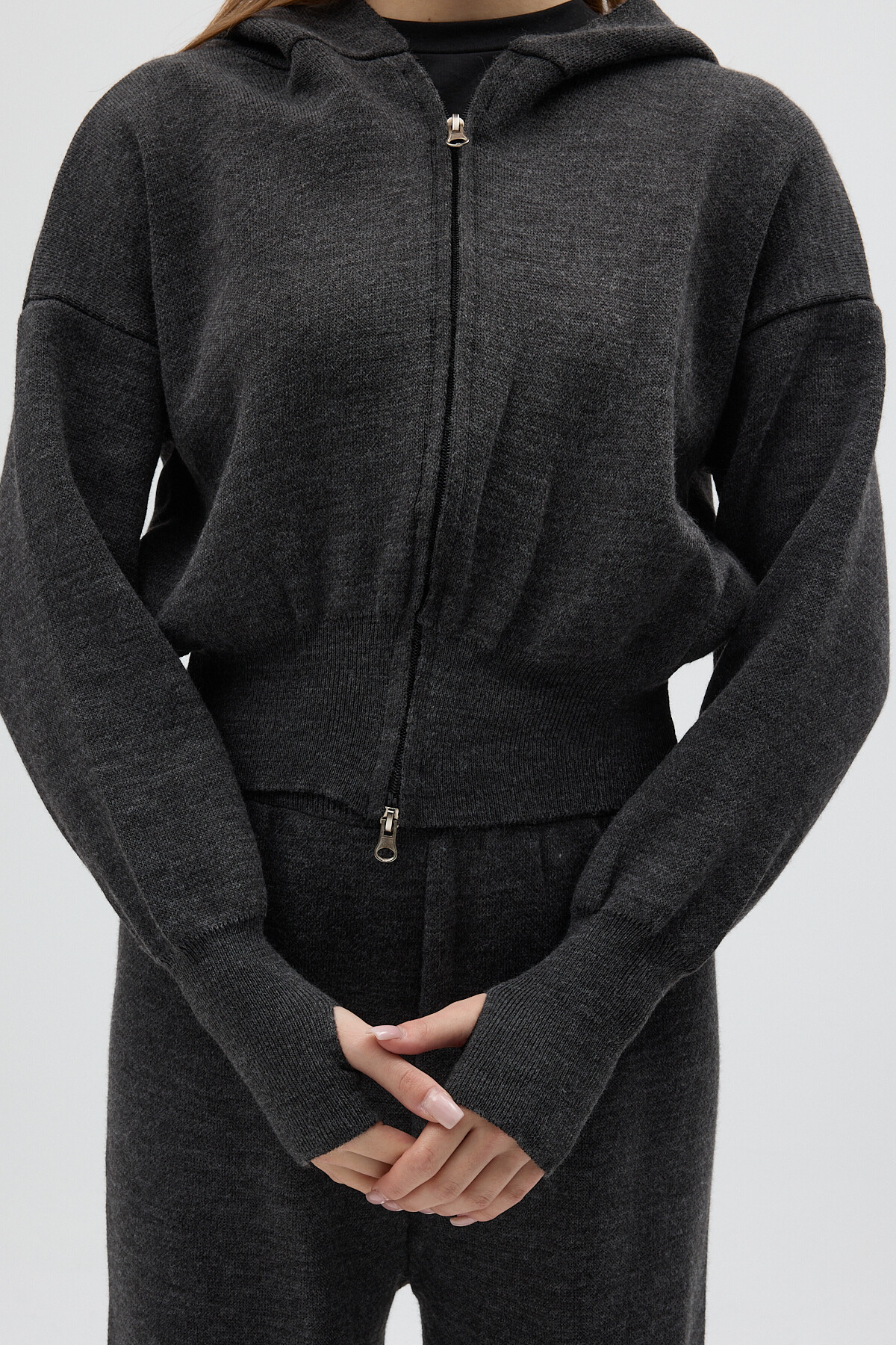 Antrasit Kapüşonlu Fermuarlı Triko Örme Pantolon Kadın Takım 2460 - RAYS
