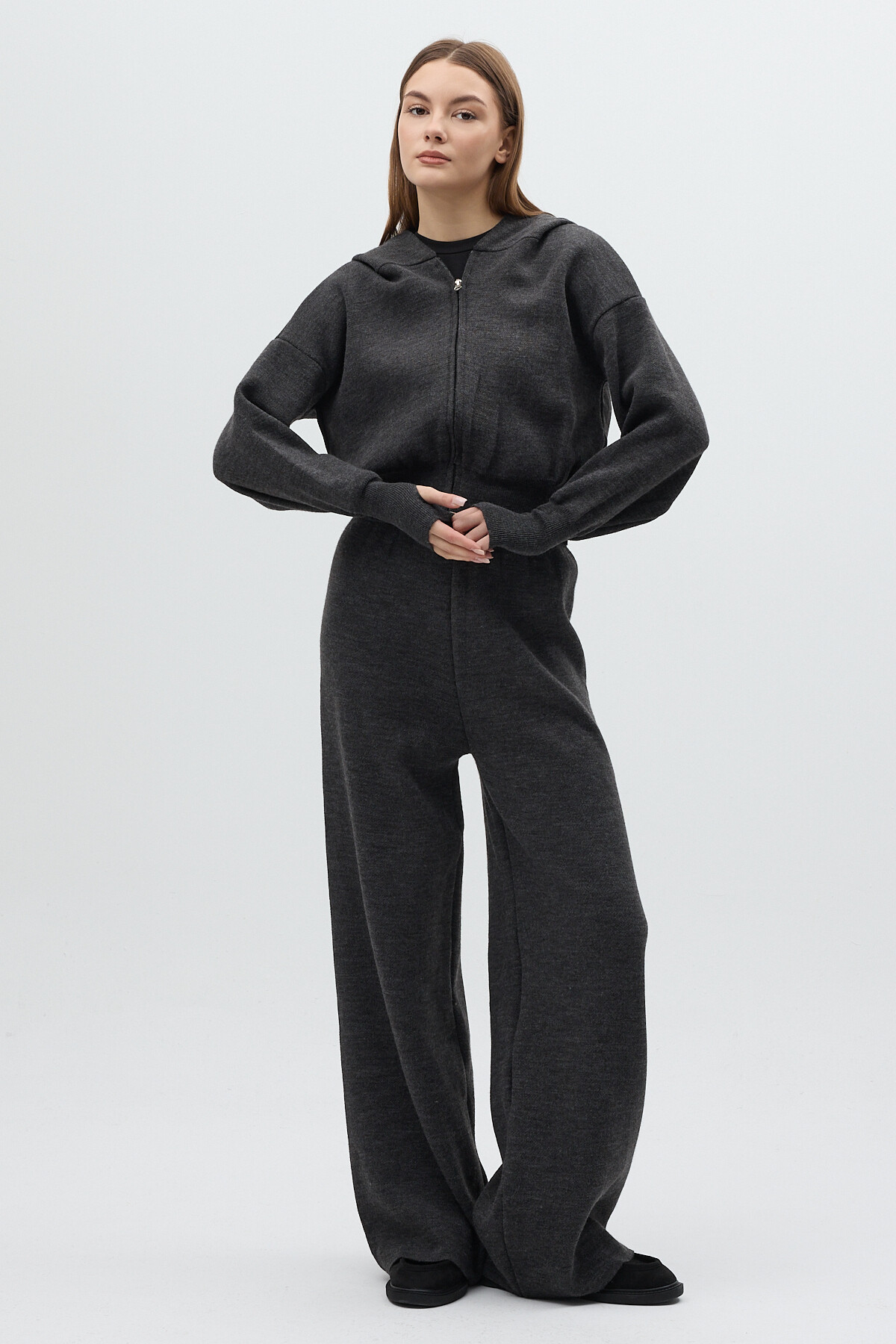 Antrasit Kapüşonlu Fermuarlı Triko Örme Pantolon Kadın Takım 2460 - 7