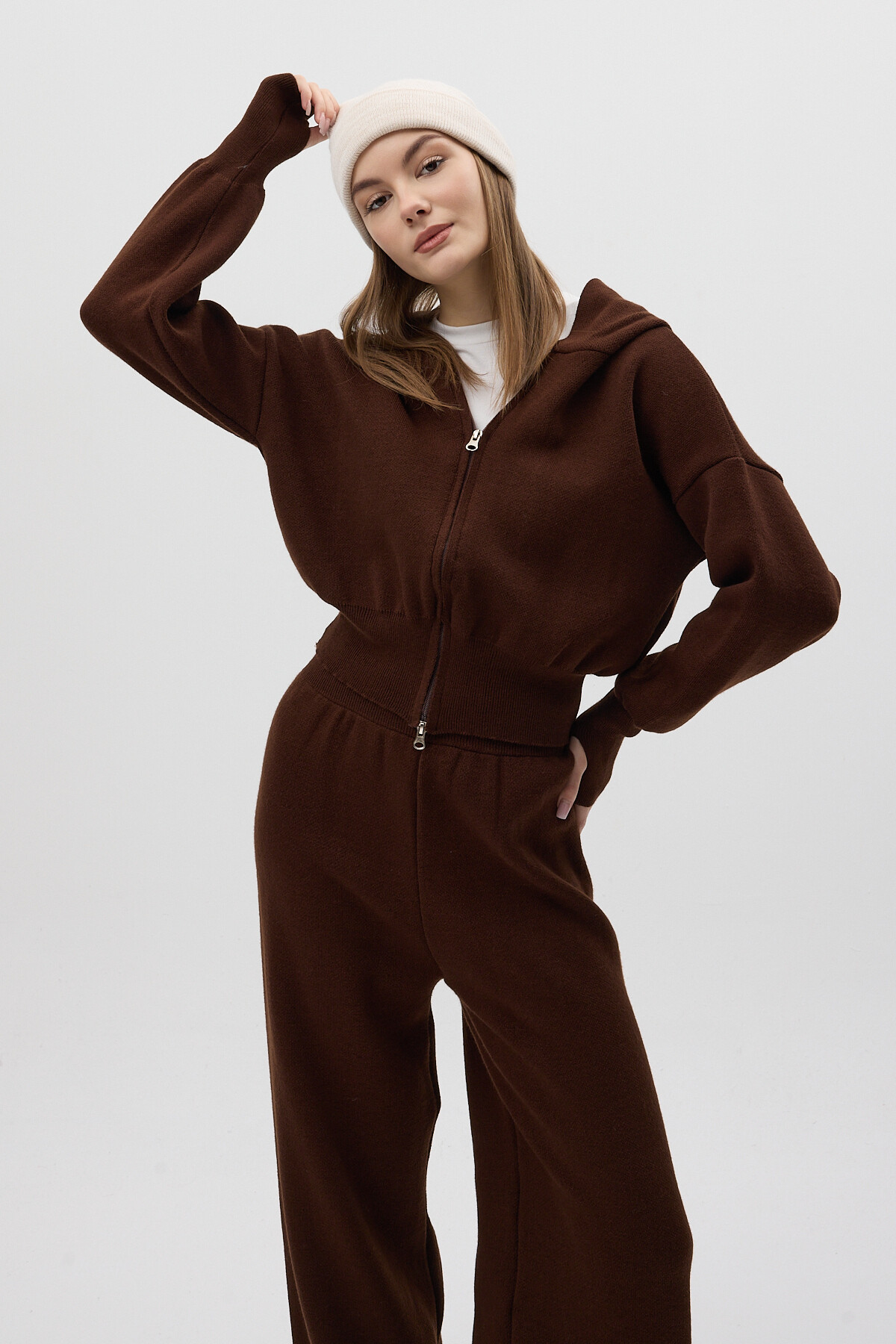 Kahverengi Kapüşonlu Fermuarlı Triko Örme Pantolon Kadın Takım 2460 - 3