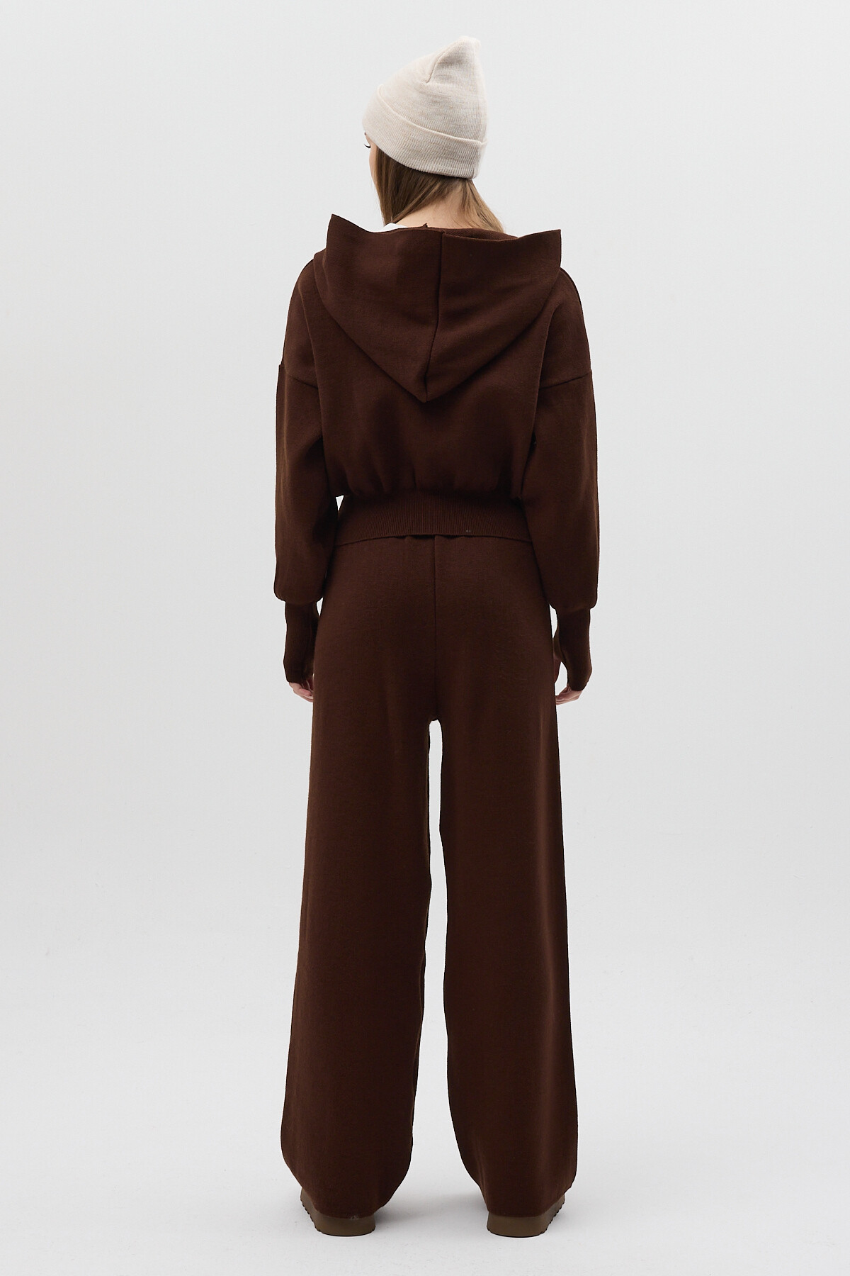 Kahverengi Kapüşonlu Fermuarlı Triko Örme Pantolon Kadın Takım 2460 - 5