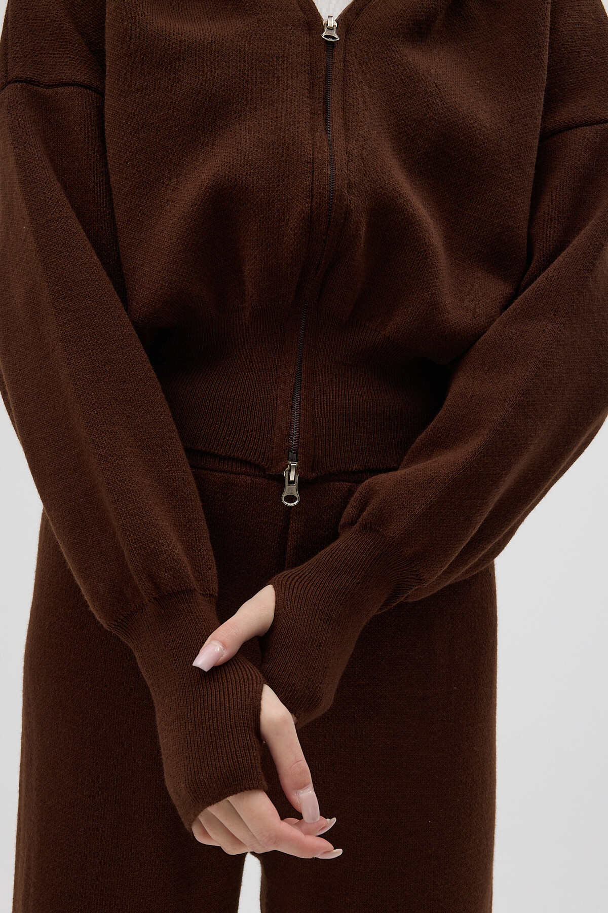 Kahverengi Kapüşonlu Fermuarlı Triko Örme Pantolon Kadın Takım 2460 - RAYS