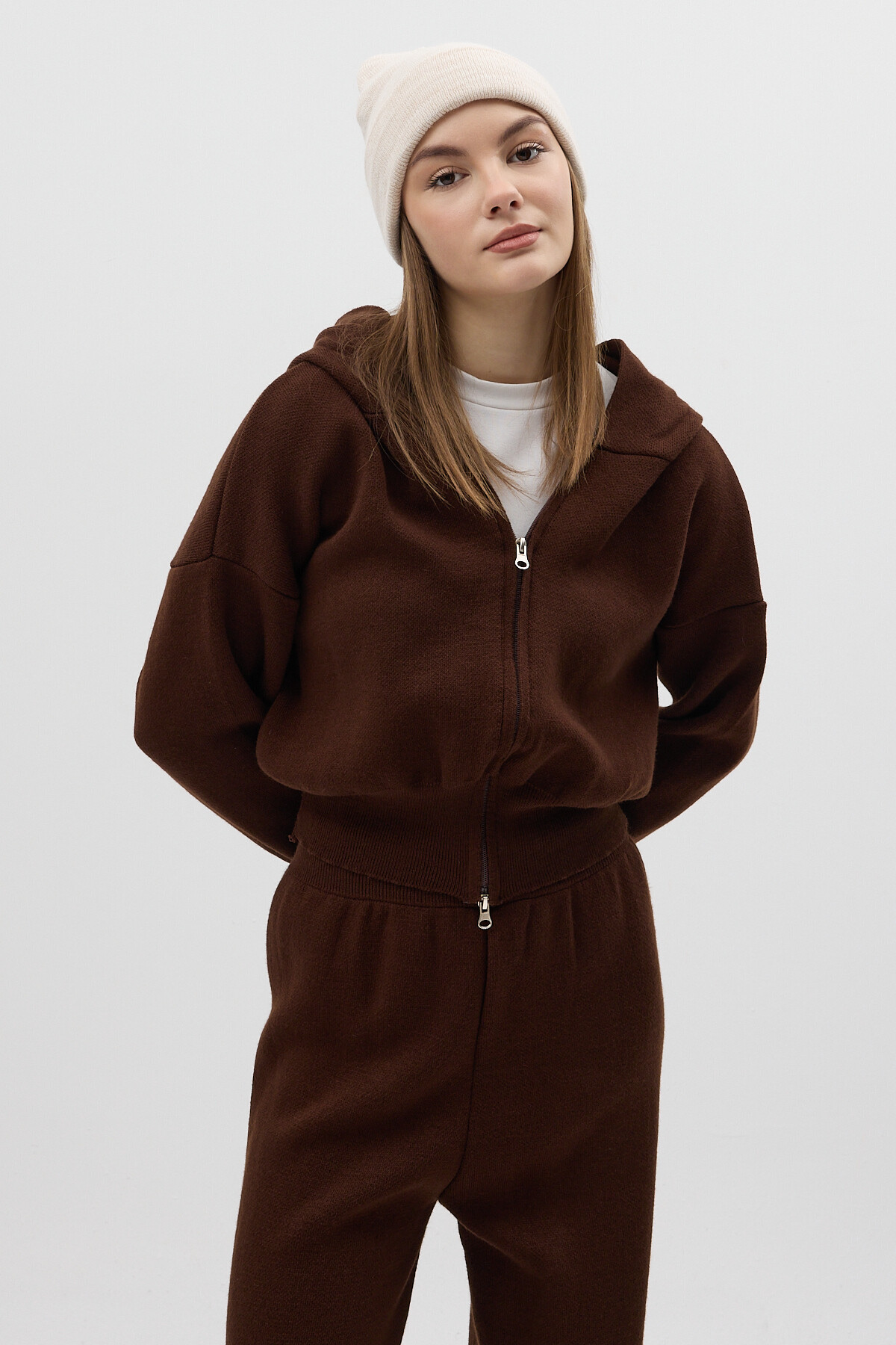 Kahverengi Kapüşonlu Fermuarlı Triko Örme Pantolon Kadın Takım 2460 - 7