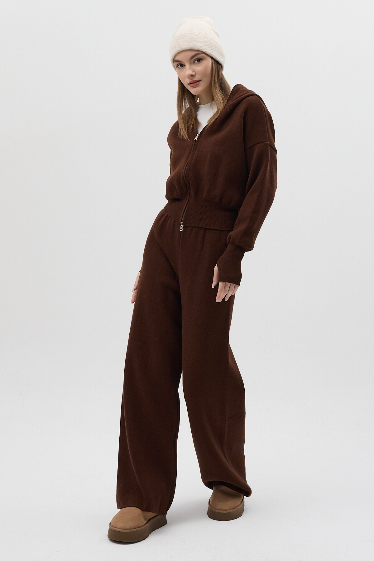 Kahverengi Kapüşonlu Fermuarlı Triko Örme Pantolon Kadın Takım 2460 - 8