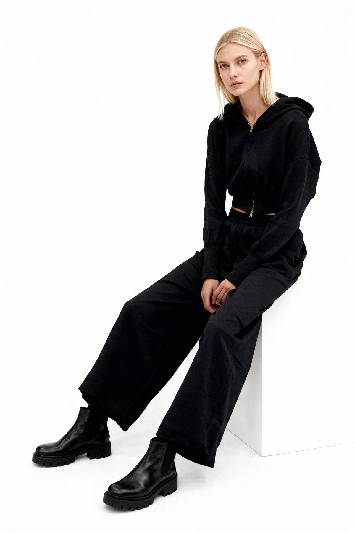 2460 Uzun Kol Fermuarlı Pantolon Takım Siyah - RAYS