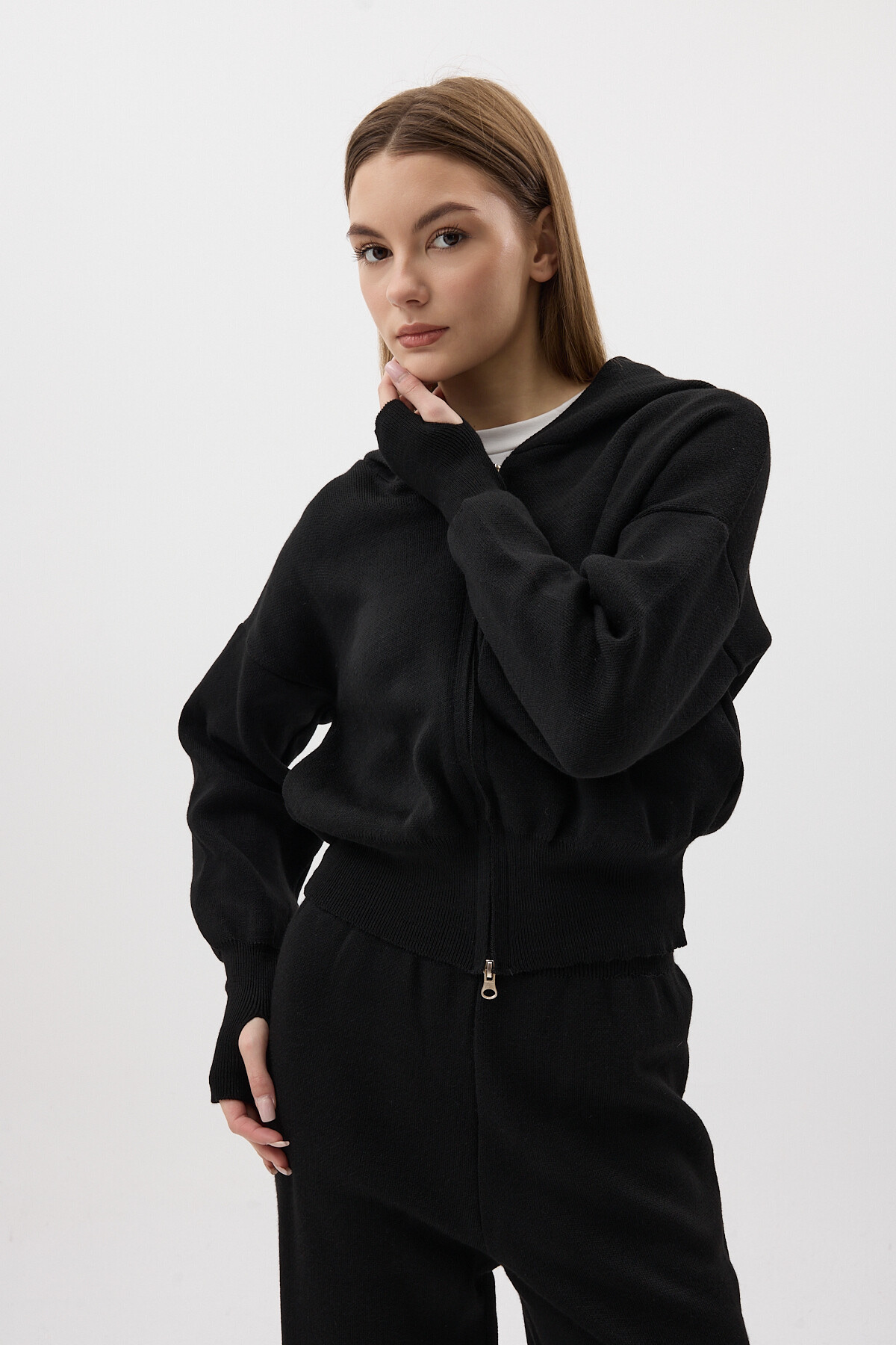 Siyah Kapüşonlu Fermuarlı Triko Örme Pantolon Kadın Takım 2460 - RAYS