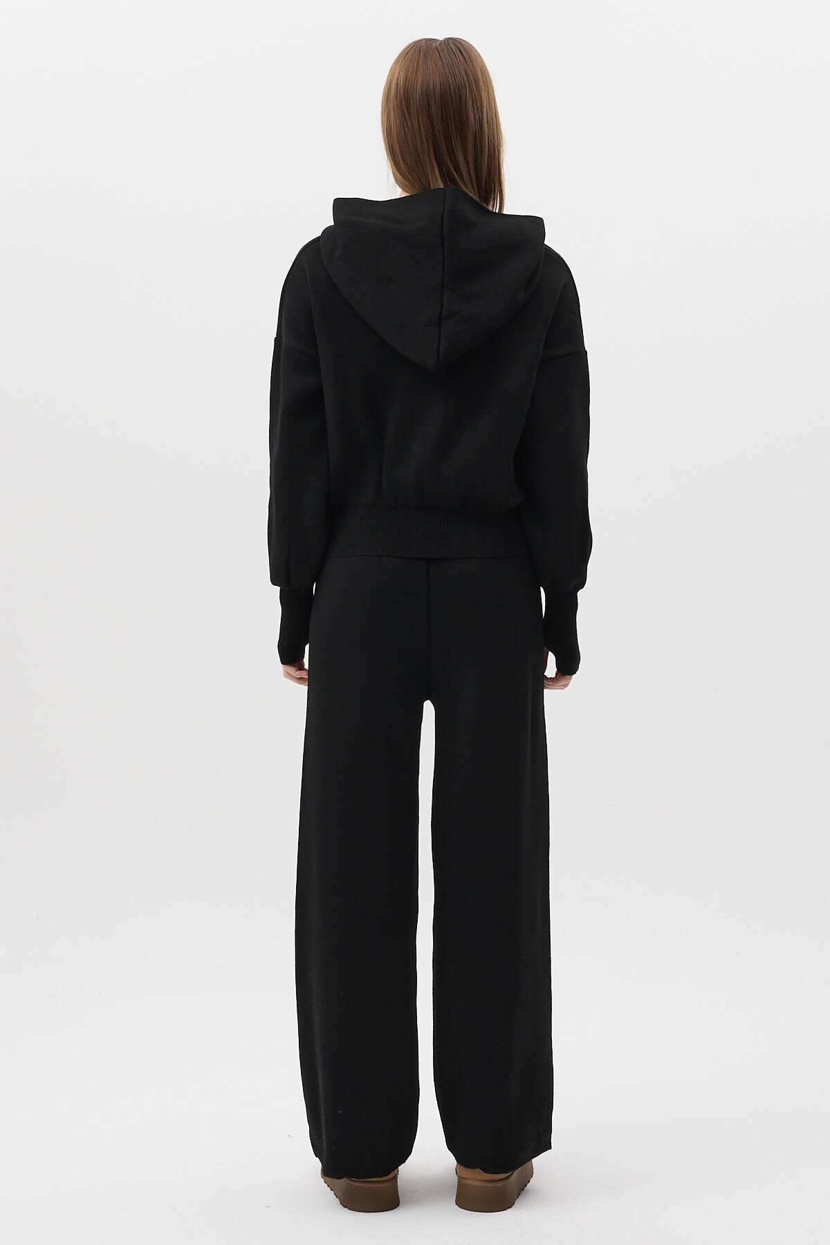 Siyah Kapüşonlu Fermuarlı Triko Örme Pantolon Kadın Takım 2460 - RAYS