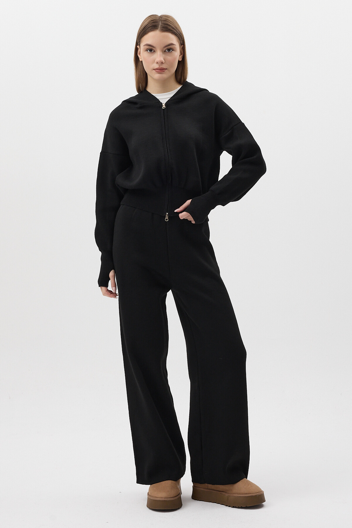 Siyah Kapüşonlu Fermuarlı Triko Örme Pantolon Kadın Takım 2460 - 6