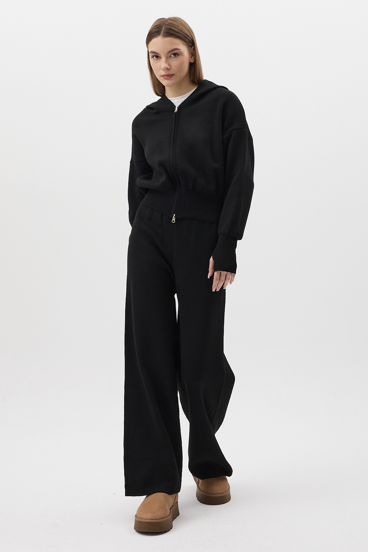 Siyah Kapüşonlu Fermuarlı Triko Örme Pantolon Kadın Takım 2460 - 5
