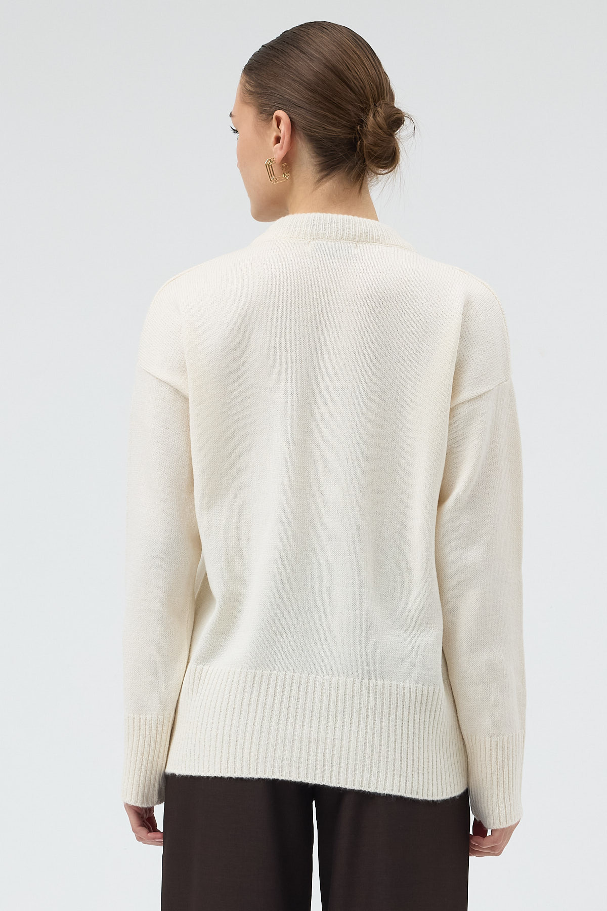 Ekru Fular Detaylı Dik Yaka Kadın Triko Kazak 2465 - 5