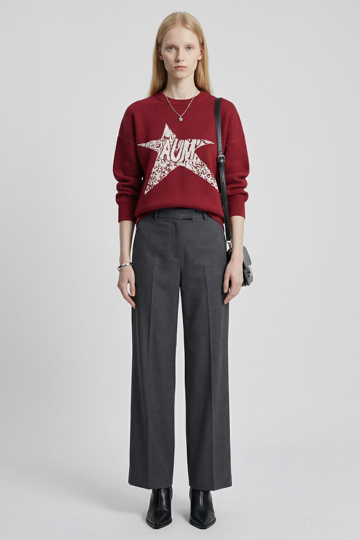 2474 Yıldız Baskılı Oversize Kazak Bordo-Ekru - RAYS