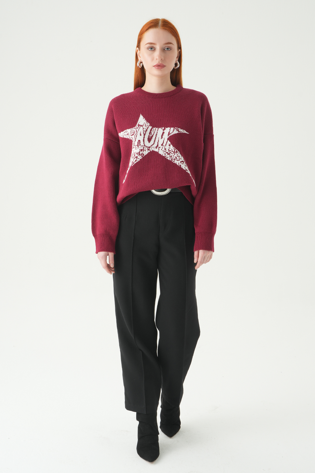 2474 Yıldız Baskılı Oversize Kazak Bordo-Ekru - RAYS