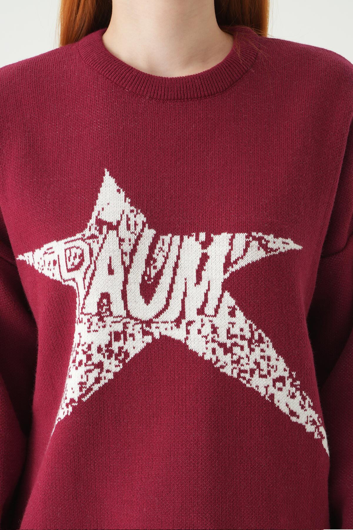 2474 Yıldız Baskılı Oversize Kazak Bordo-Ekru - RAYS