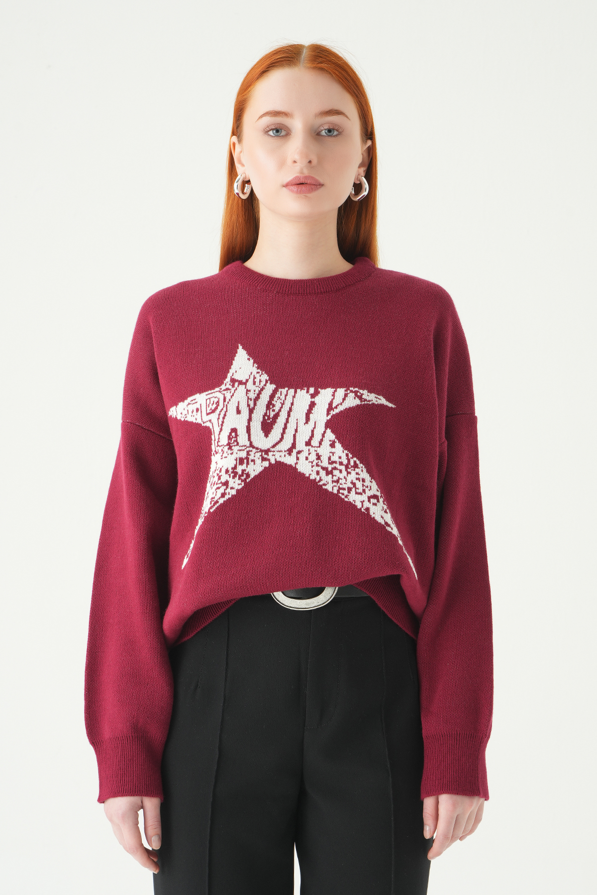 Bordo-Ekru Yıldız Baskılı Oversize Kazak 2474 - RAYS (1)