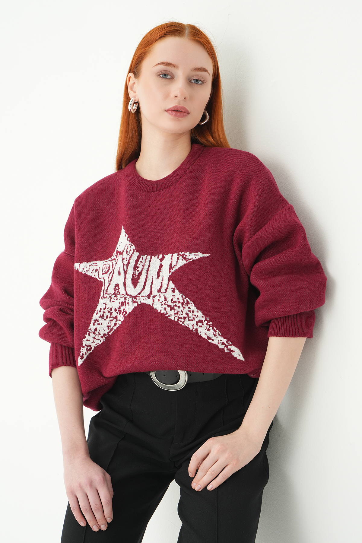 Bordo-Ekru Yıldız Baskılı Oversize Kazak 2474 - RAYS