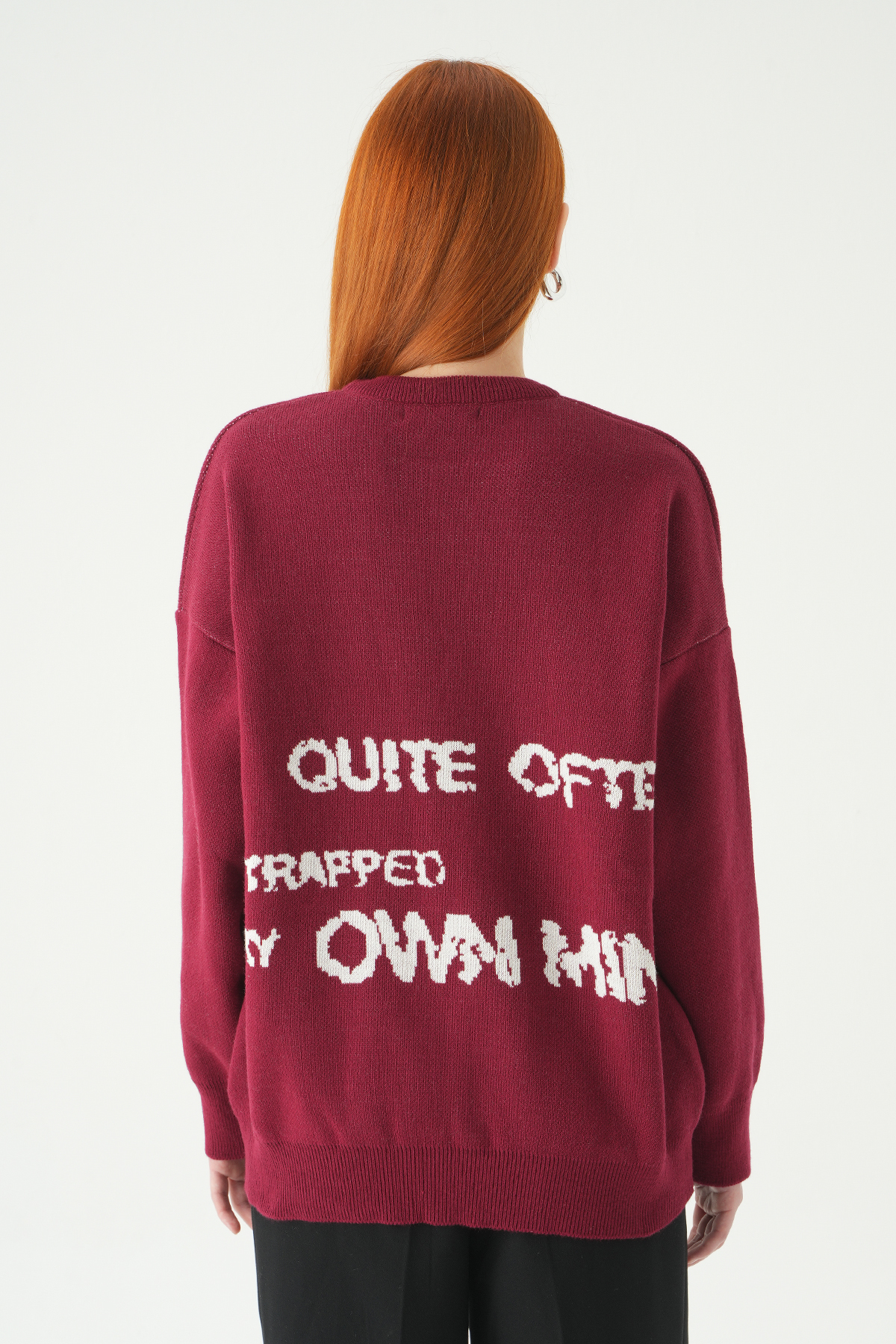 Bordo-Ekru Yıldız Baskılı Oversize Kazak 2474 - 5