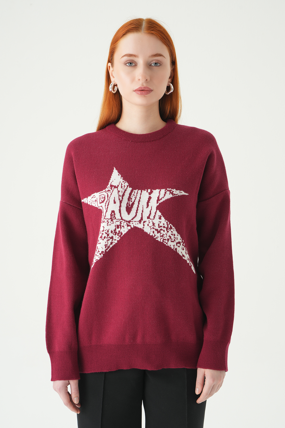 Bordo-Ekru Yıldız Baskılı Oversize Kazak 2474 - 6