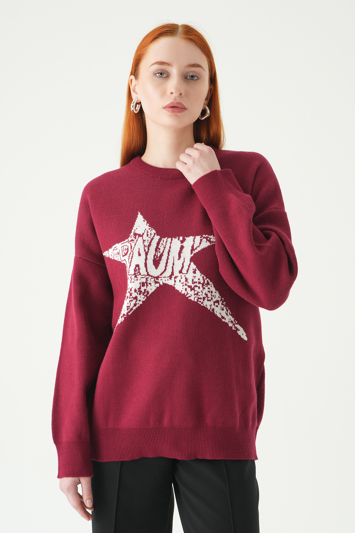 Bordo-Ekru Yıldız Baskılı Oversize Kazak 2474 - 7