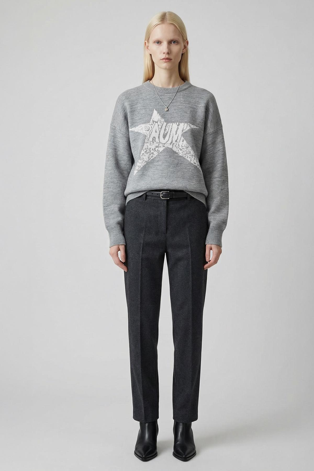 2474 Yıldız Baskılı Oversize Kazak Gri - Ekru - RAYS