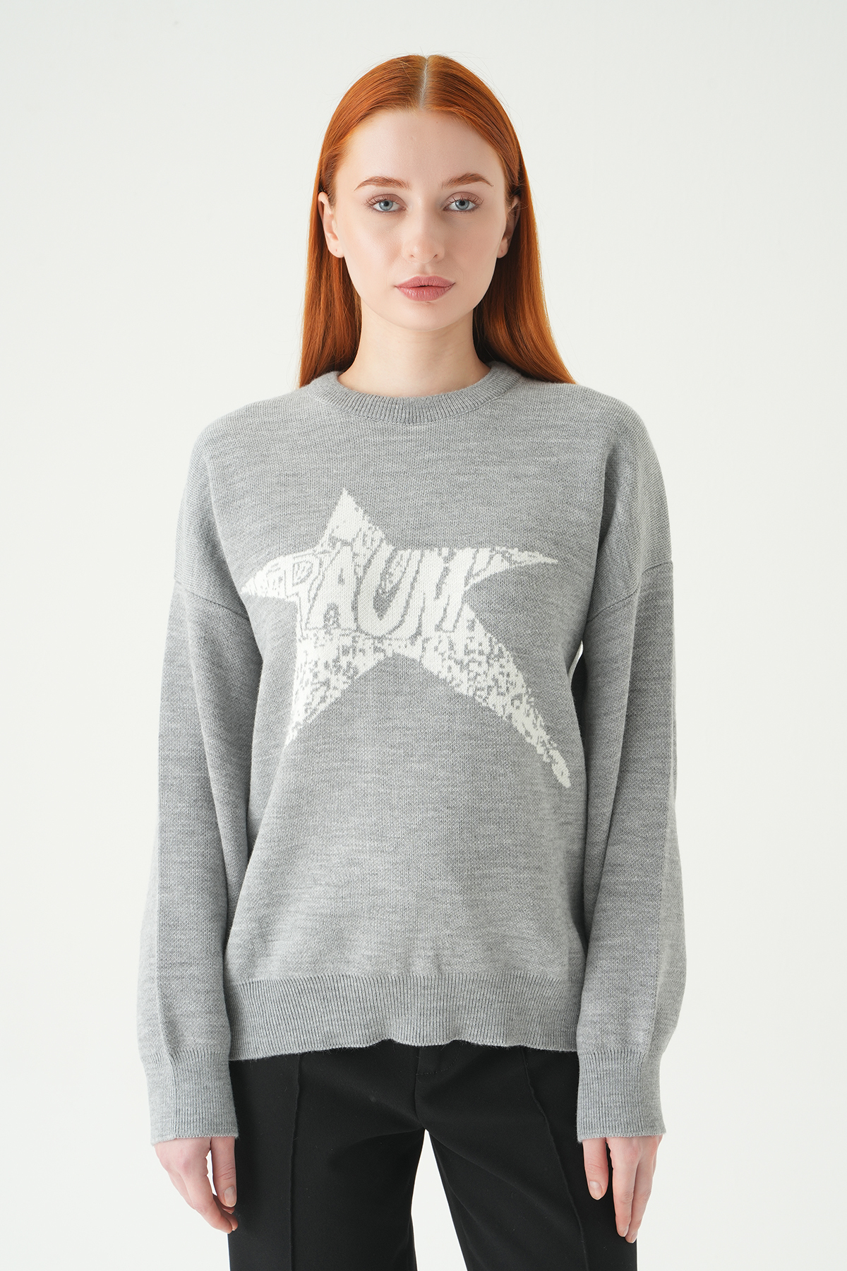 2474 Yıldız Baskılı Oversize Kazak Gri - Ekru - RAYS (1)