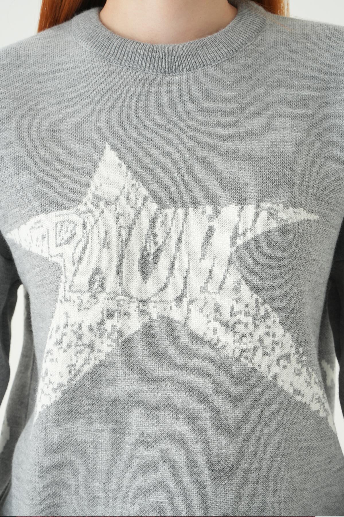 2474 Yıldız Baskılı Oversize Kazak Gri - Ekru - RAYS