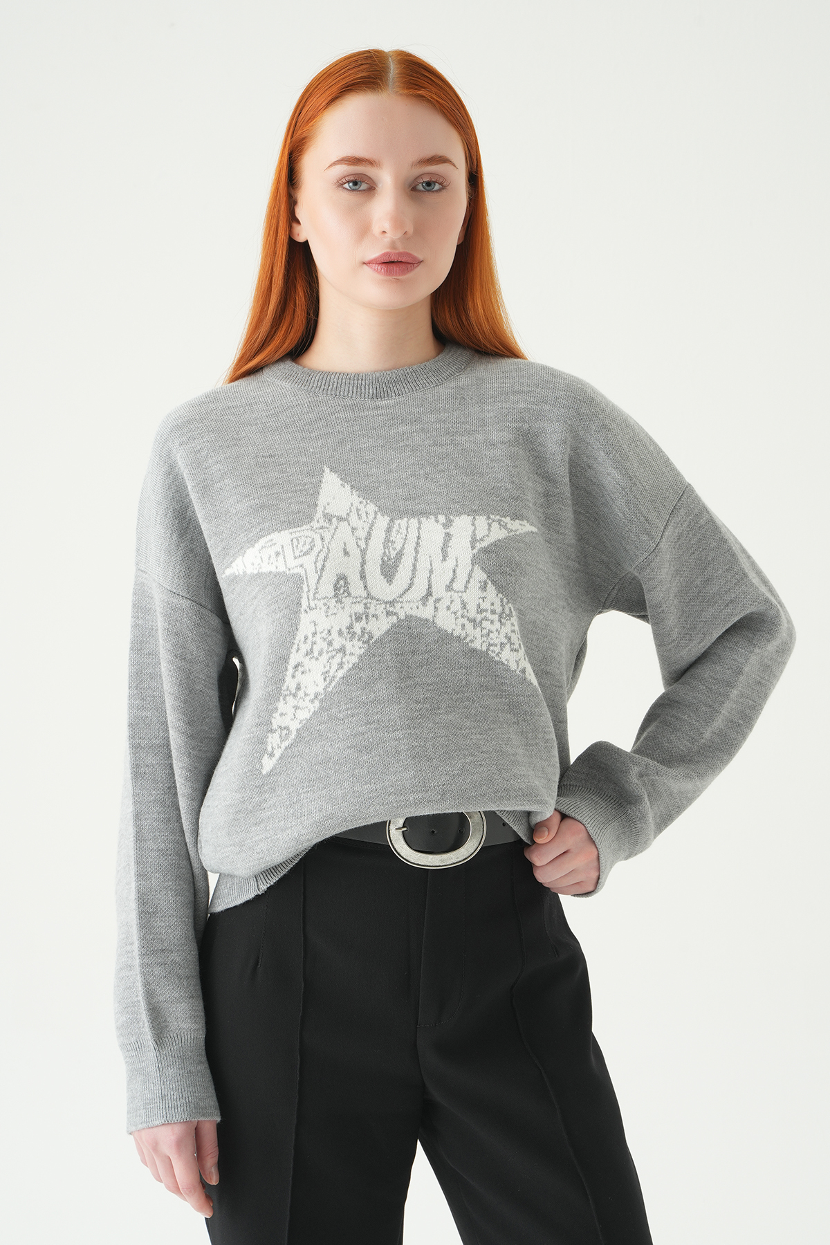 Gri - Ekru Yıldız Baskılı Oversize Kazak 2474 - RAYS