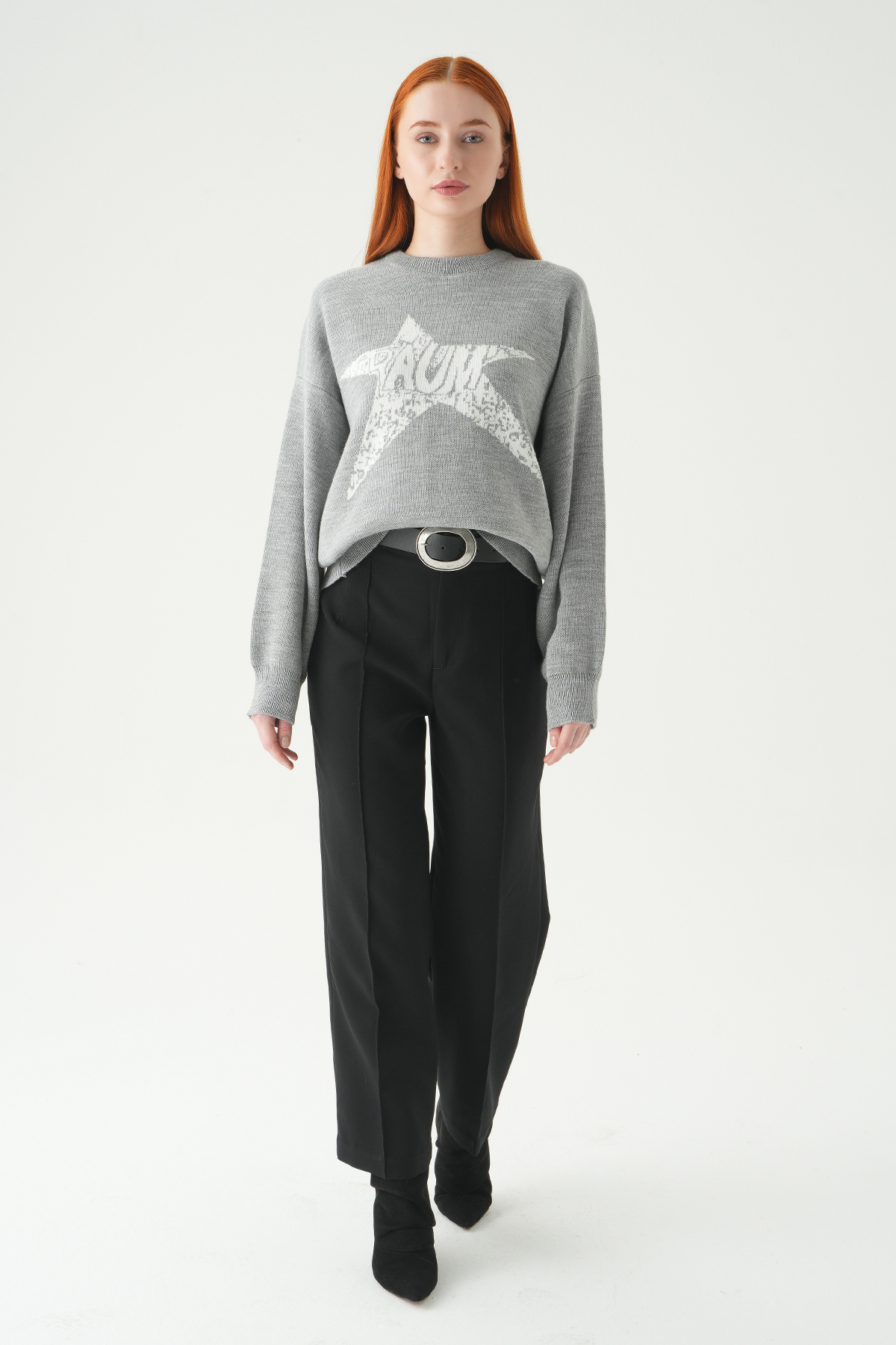 Gri - Ekru Yıldız Baskılı Oversize Kazak 2474 - 3