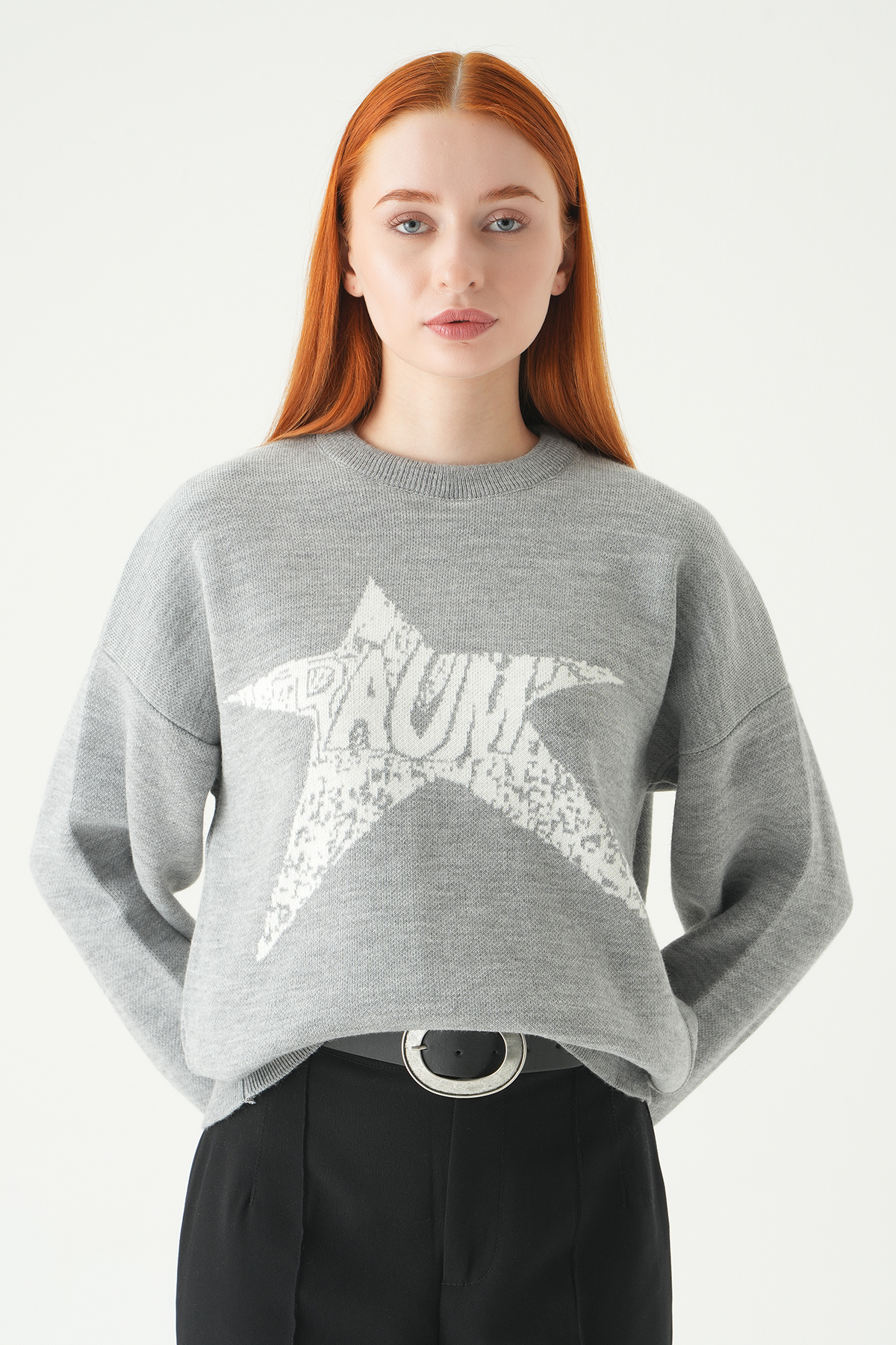 Gri - Ekru Yıldız Baskılı Oversize Kazak 2474 - 6