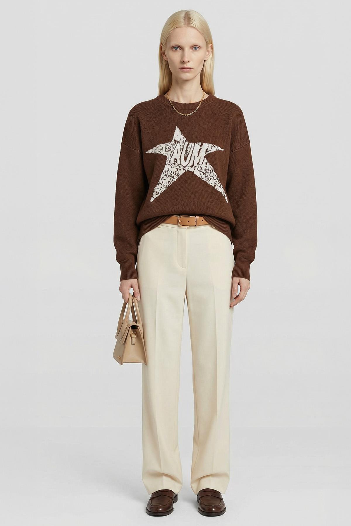 2474 Yıldız Baskılı Oversize Kazak Kahve - Ekru - 1