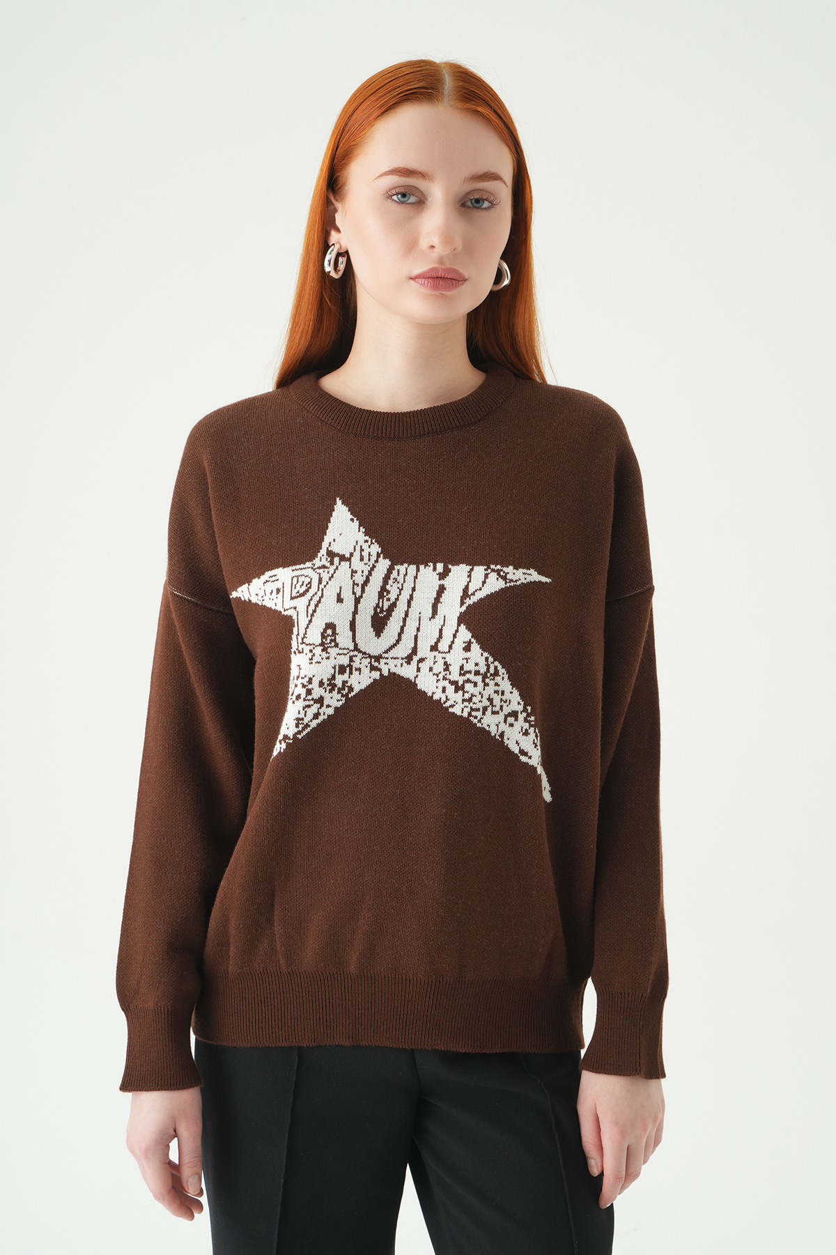 Kahve - Ekru Yıldız Baskılı Oversize Kazak 2474 - 2