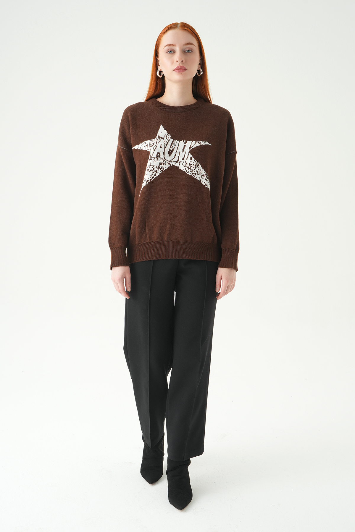 Kahve - Ekru Yıldız Baskılı Oversize Kazak 2474 - 3