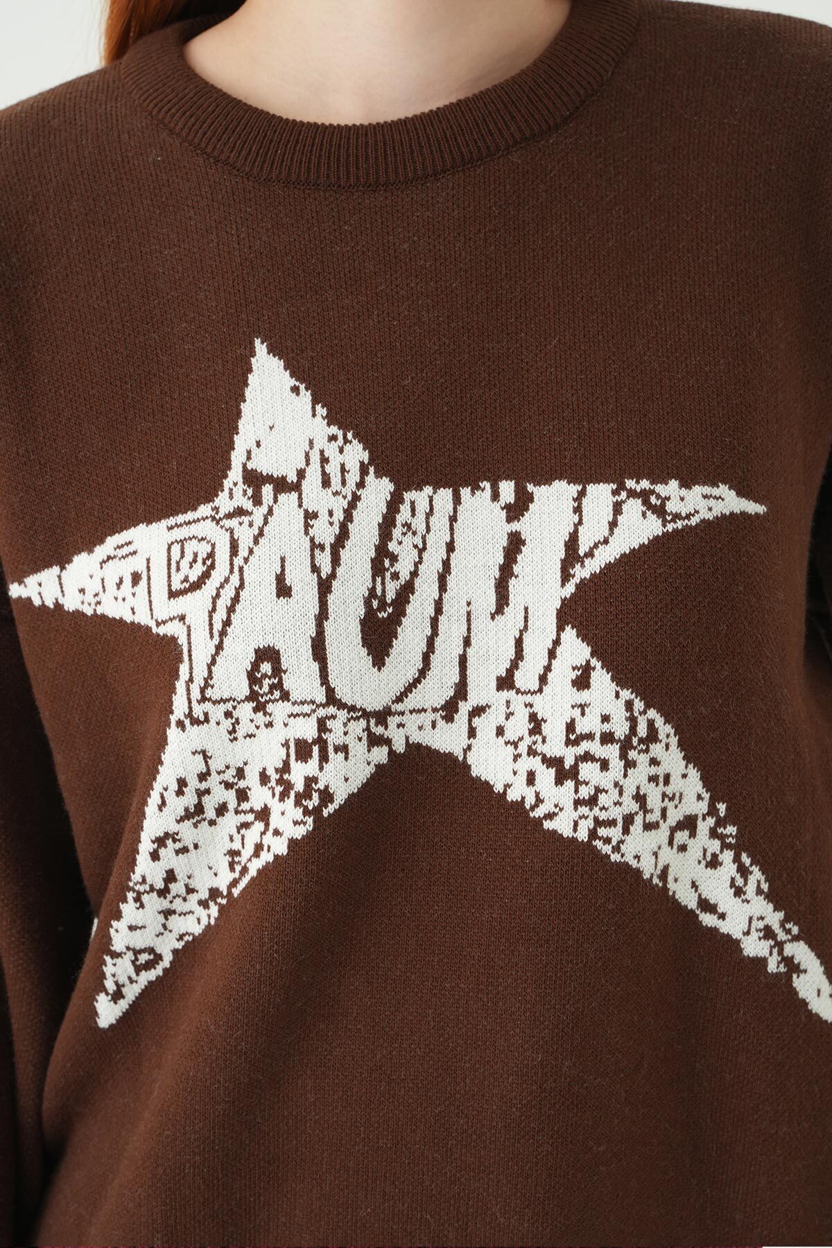 Kahve - Ekru Yıldız Baskılı Oversize Kazak 2474 - 4