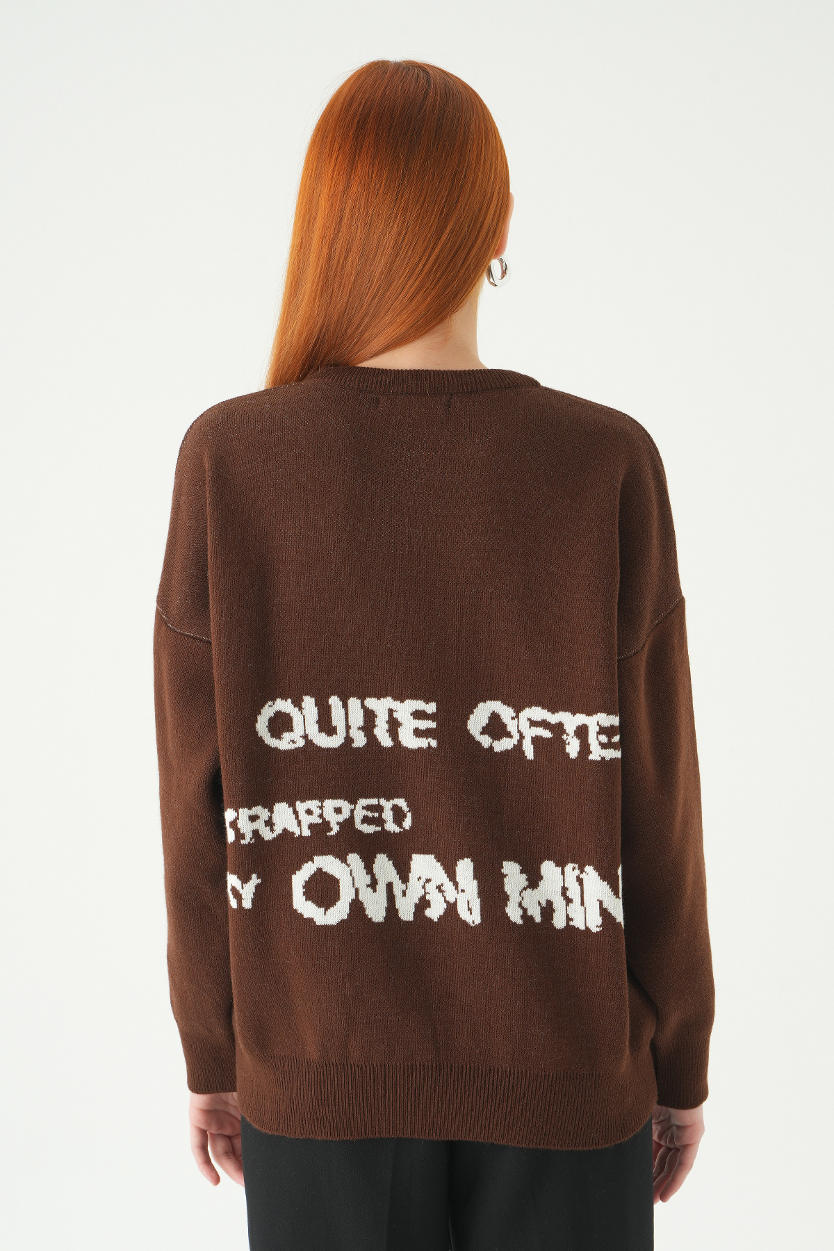 Kahve - Ekru Yıldız Baskılı Oversize Kazak 2474 - 5