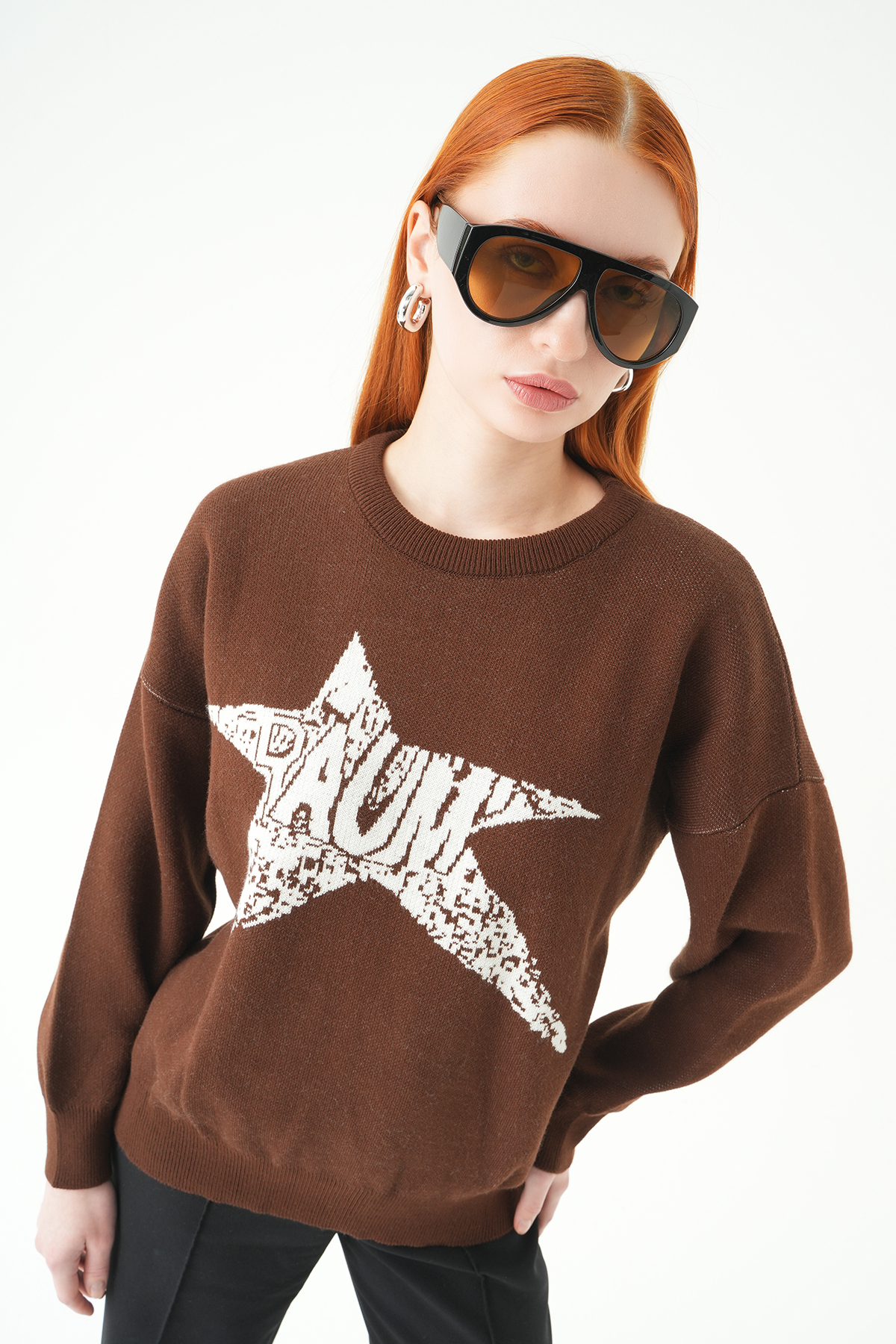 Kahve - Ekru Yıldız Baskılı Oversize Kazak 2474 - 6