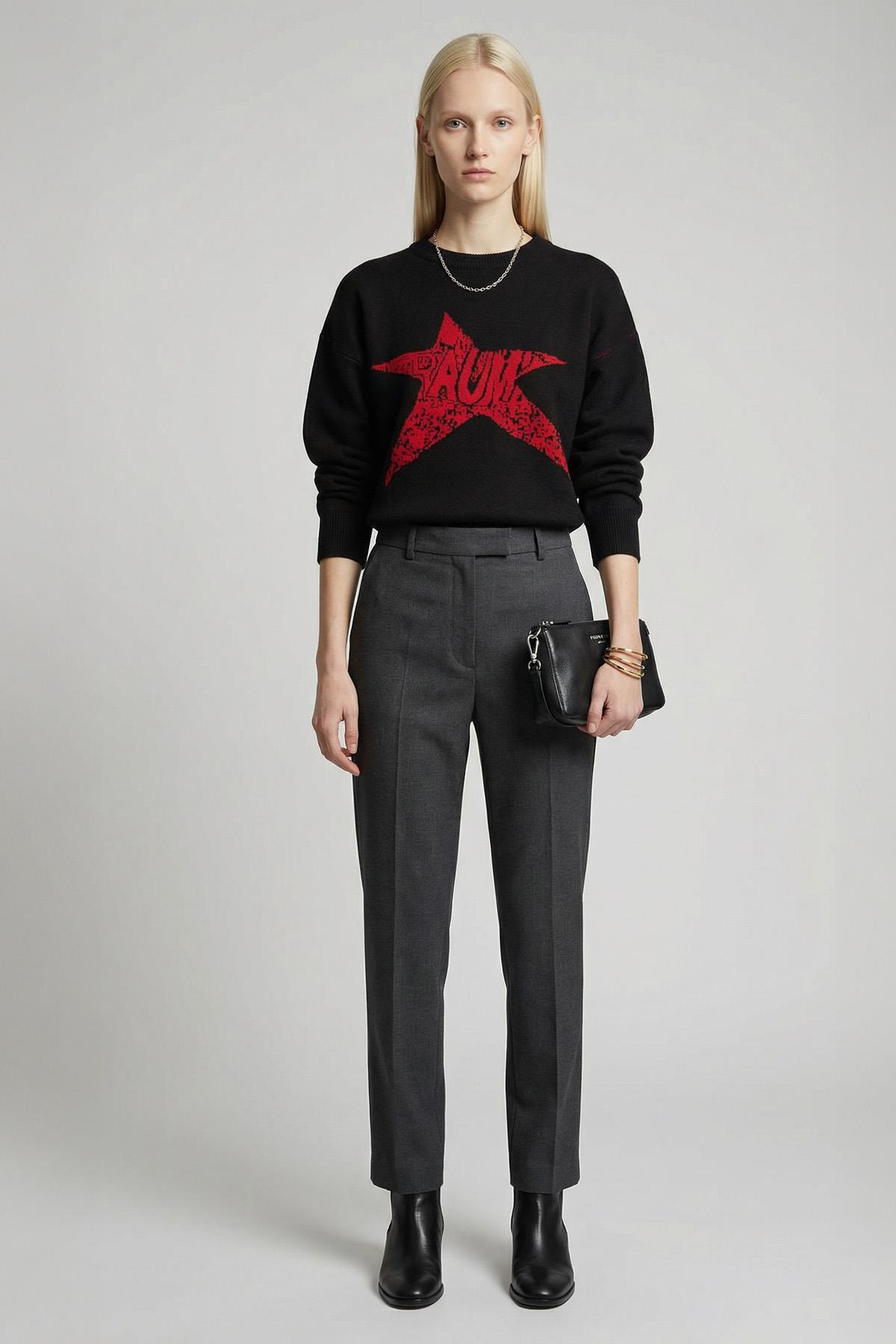 2474 Yıldız Baskılı Oversize Kazak Siyah-Kırmızı - RAYS