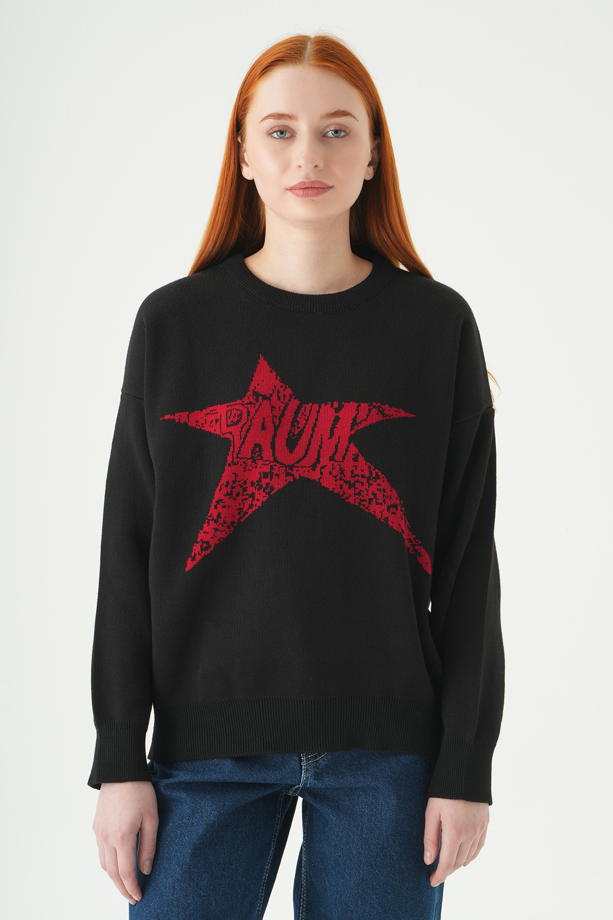 Siyah-Kırmızı Yıldız Baskılı Oversize Kazak 2474 - RAYS (1)