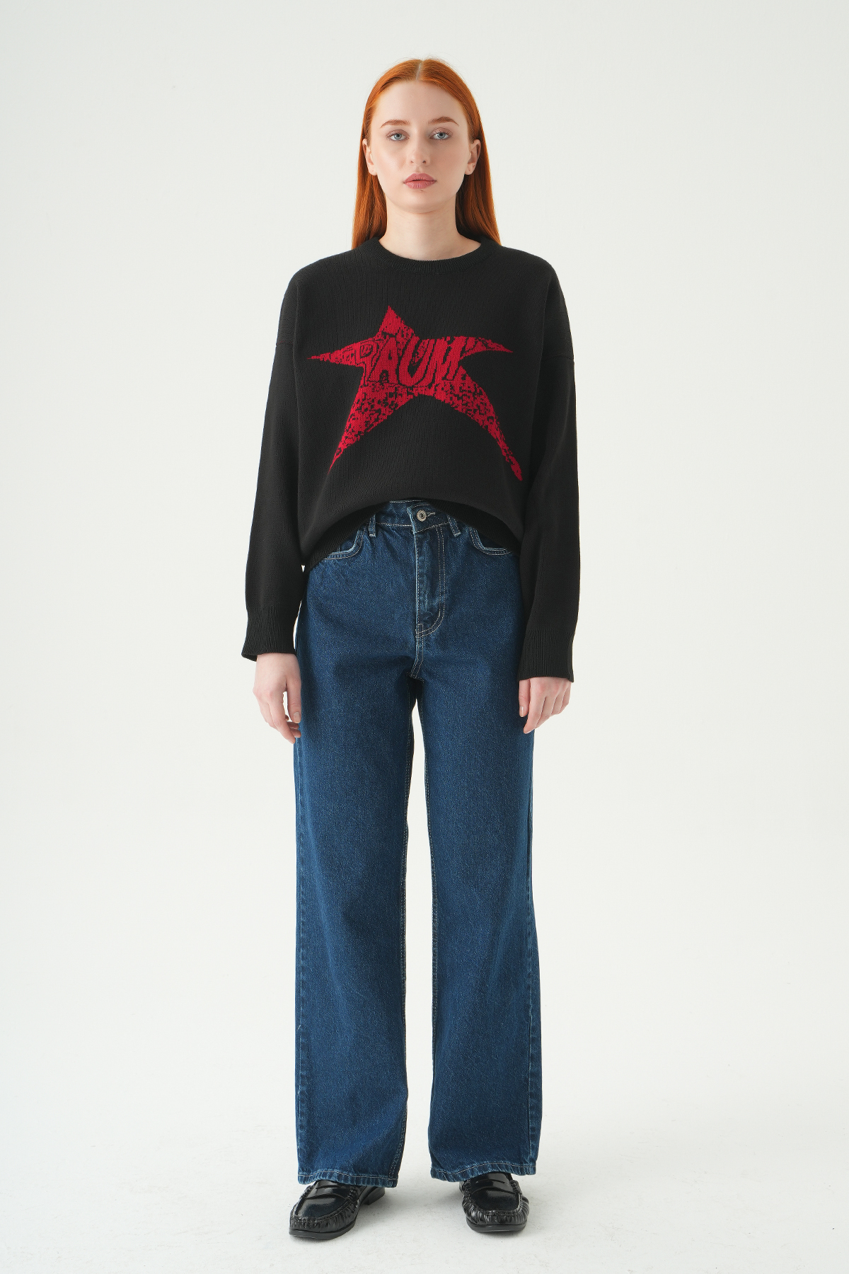 Siyah-Kırmızı Yıldız Baskılı Oversize Kazak 2474 - RAYS