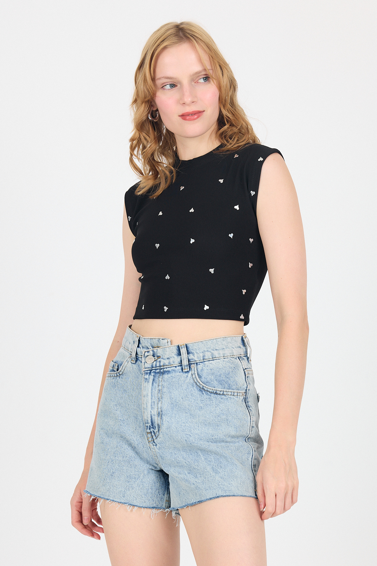 Siyah Gümüş Kalp Detaylı Crop Tişört 2499 - 6
