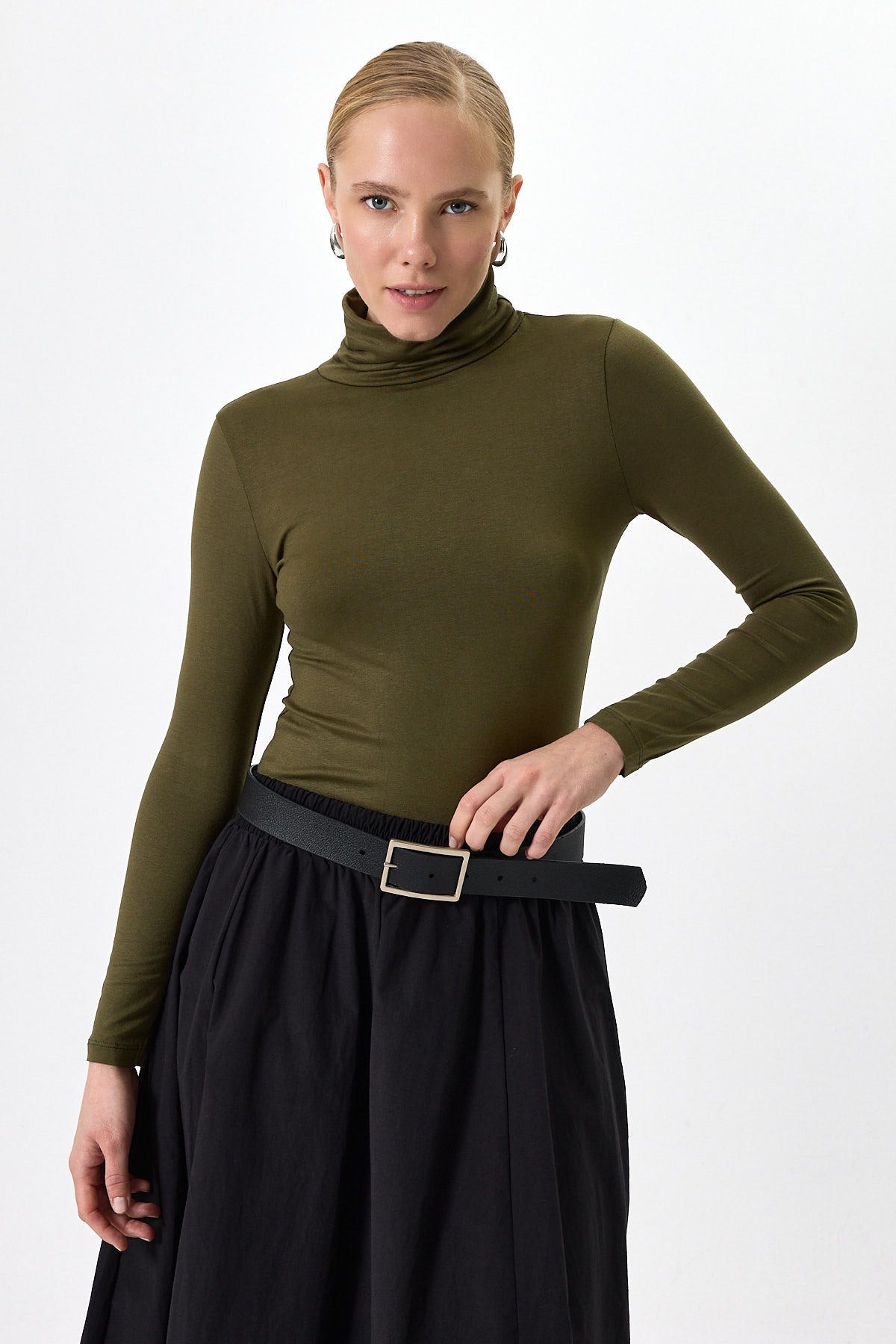 Haki Balıkçı Yaka Uzun Kollu Dar Kesim Bluz 2504 - 6