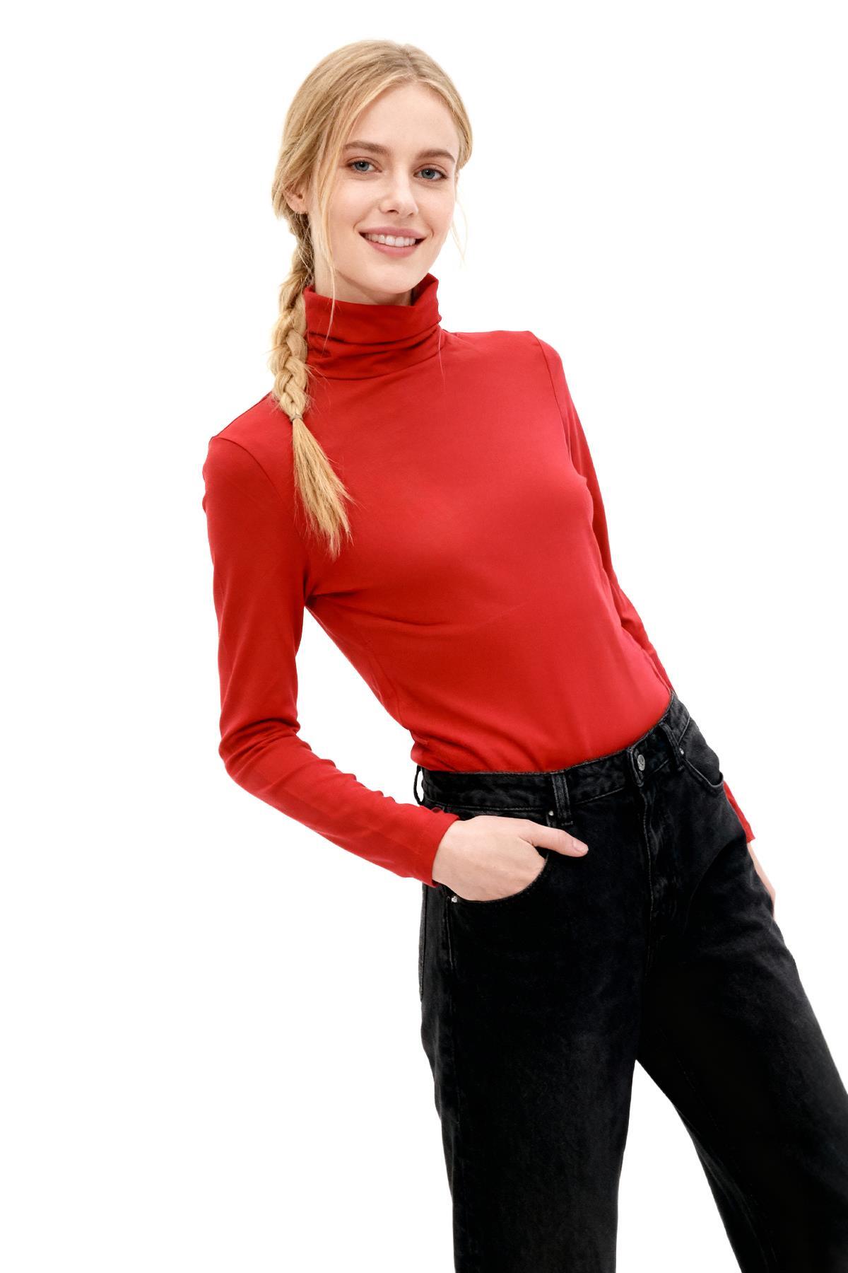 2504 Balıkçı Yaka Bluz Kırmızı - RAYS