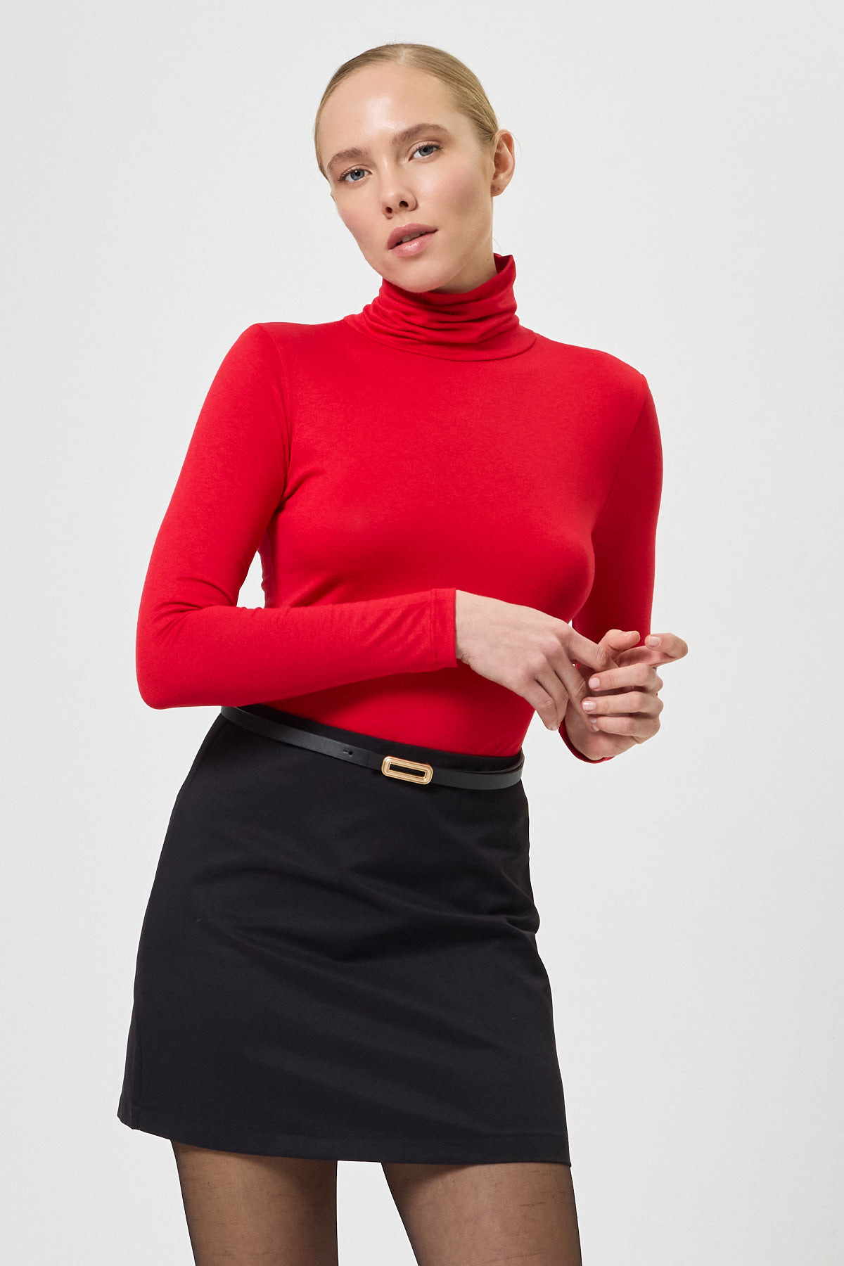 Kırmızı Balıkçı Yaka Uzun Kollu Dar Kesim Bluz 2504 - 7