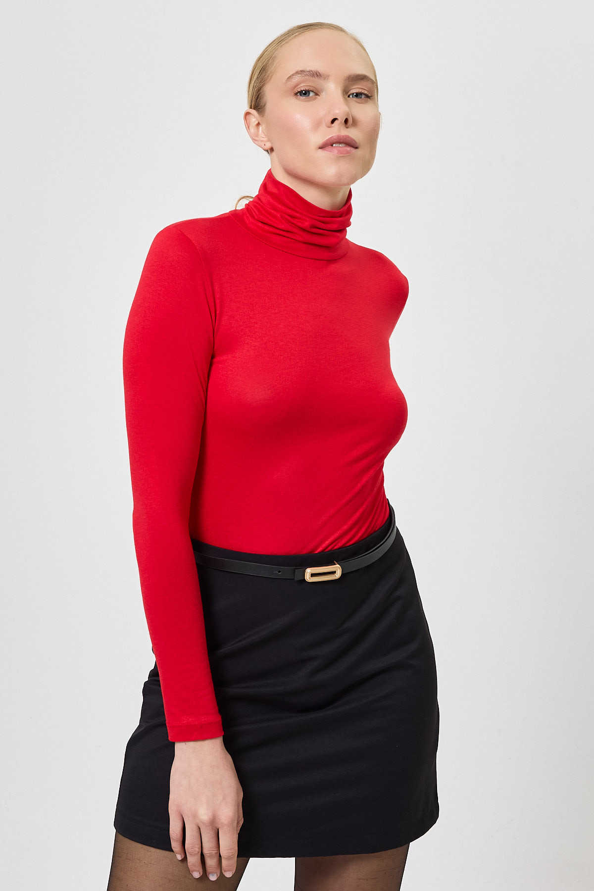 Kırmızı Balıkçı Yaka Uzun Kollu Dar Kesim Bluz 2504 