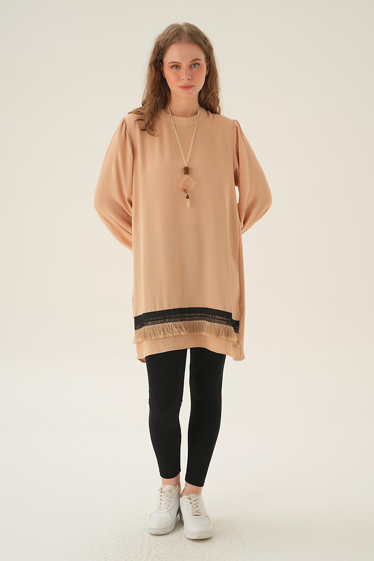 25054 Püsküllü Tunik Bej - 2