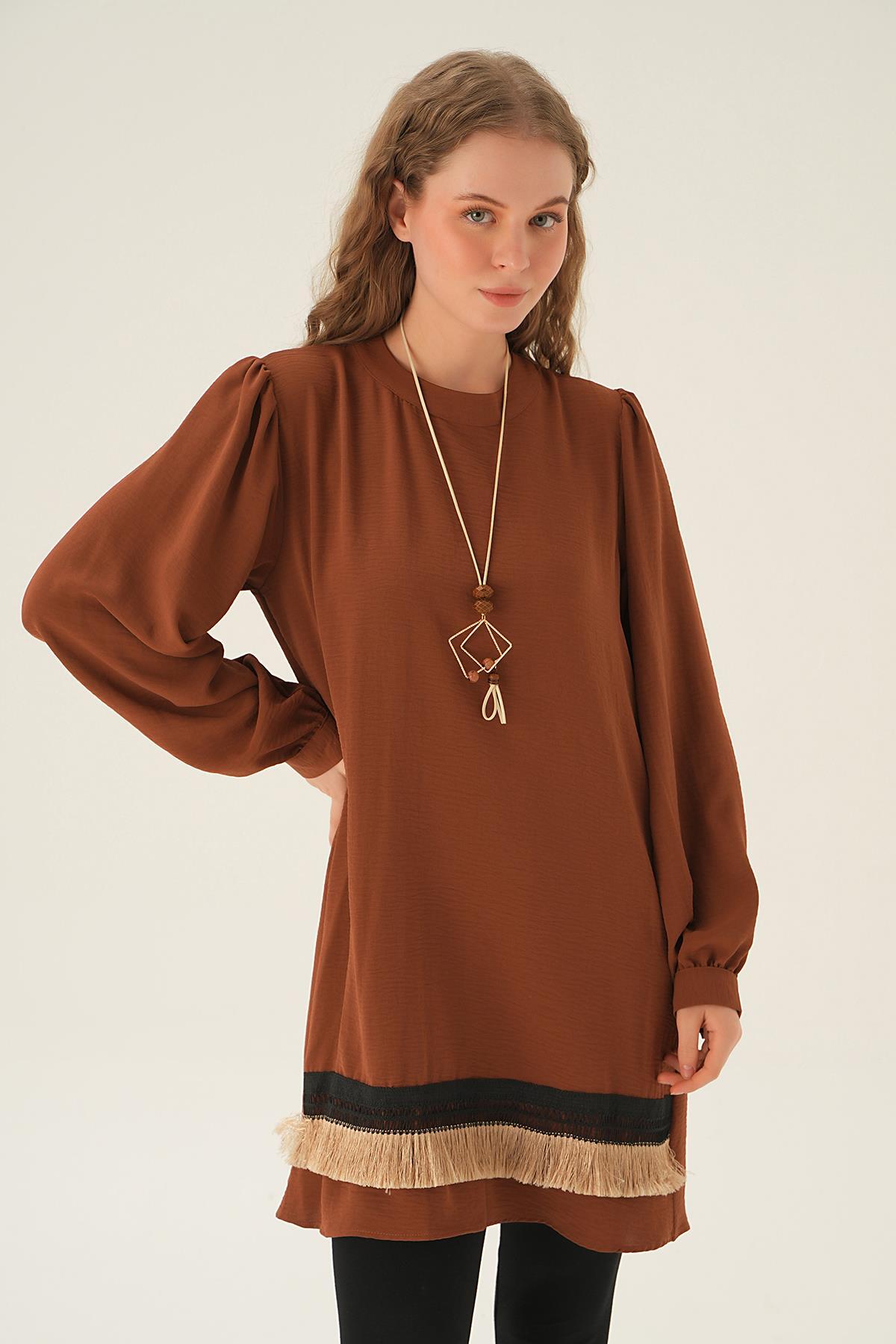 25054 Püsküllü Tunik Kahve 