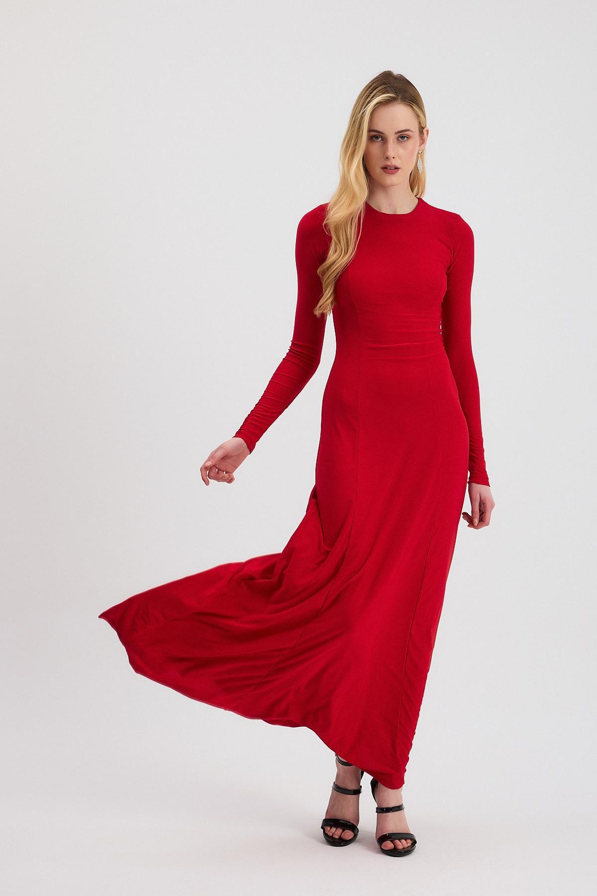 2510 Bisiklet Yaka Uzun Elbise Kırmızı - 1