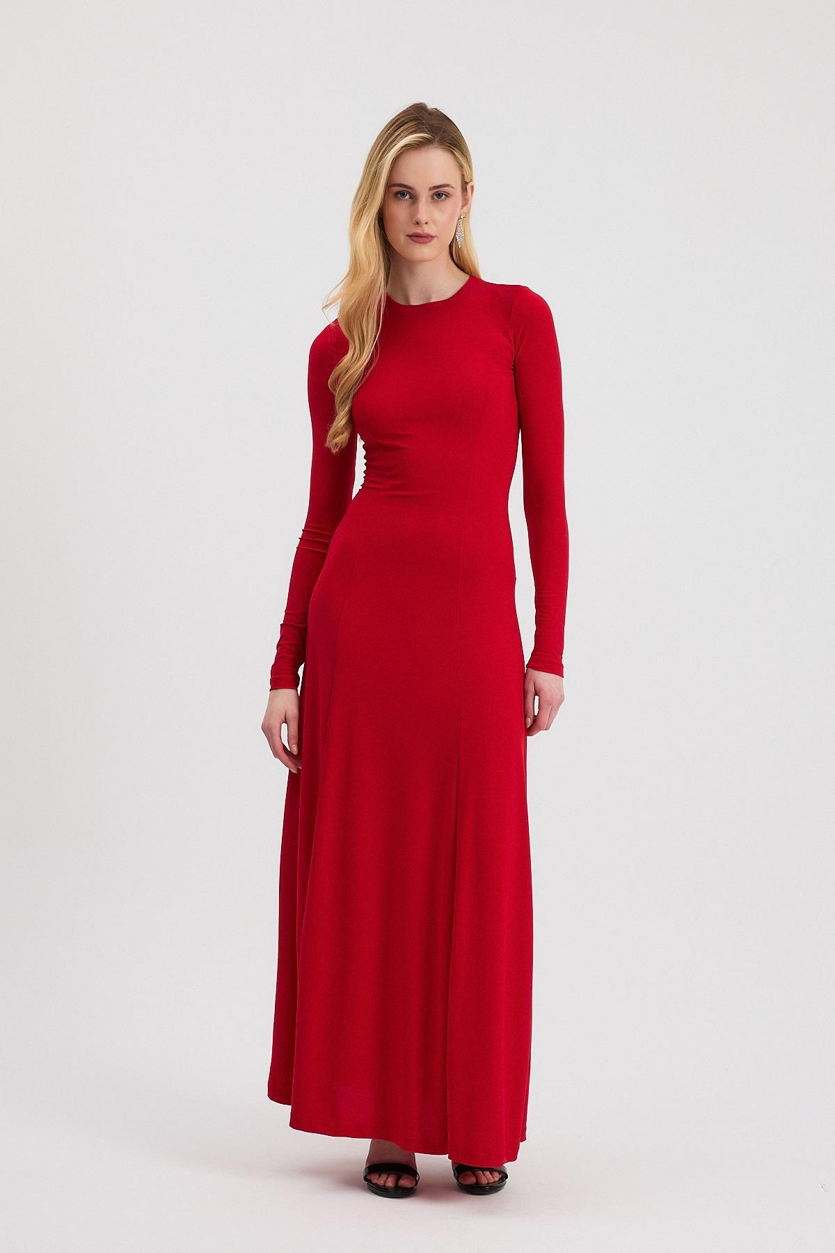 2510 Bisiklet Yaka Uzun Elbise Kırmızı - 2