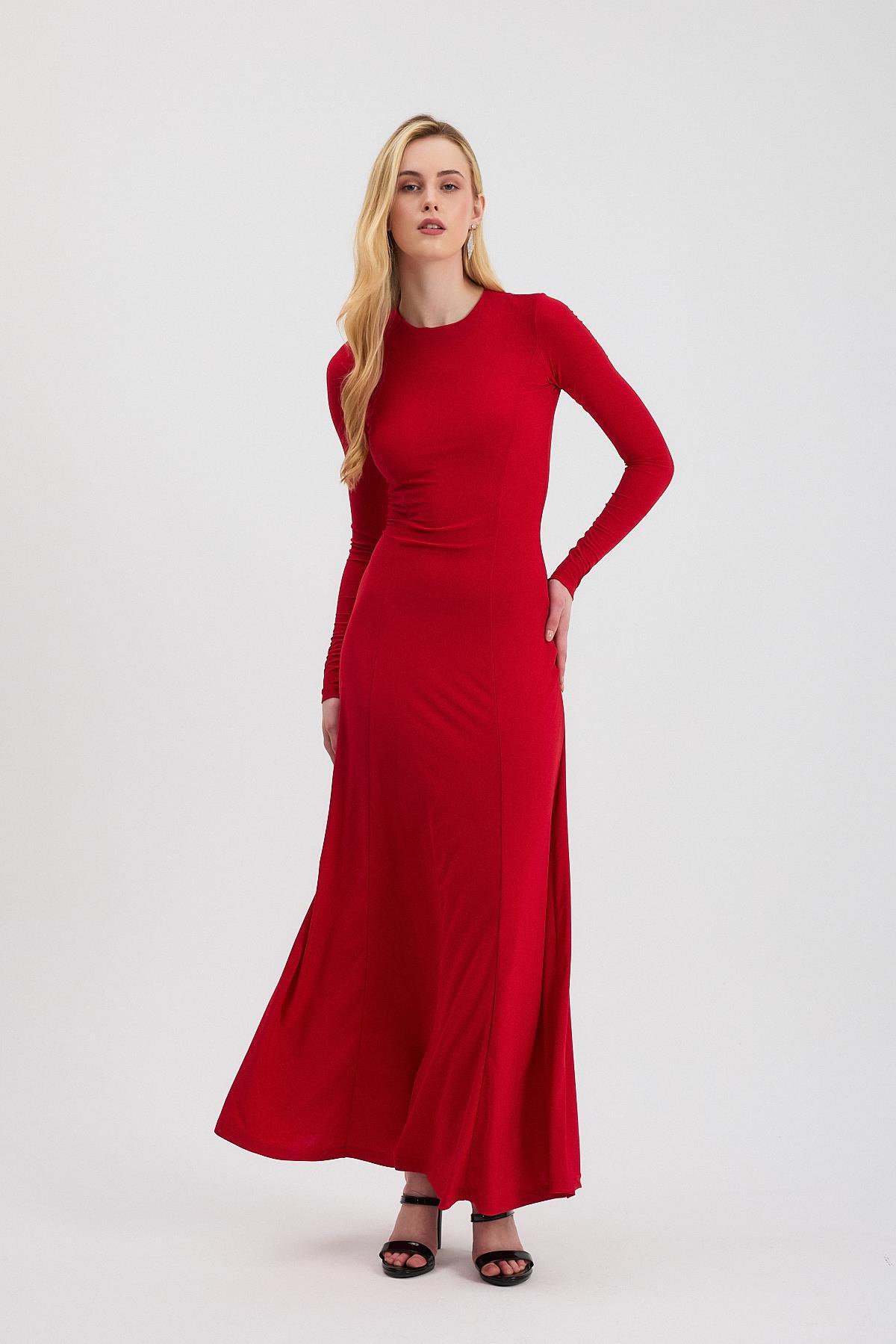 2510 Bisiklet Yaka Uzun Elbise Kırmızı - 6