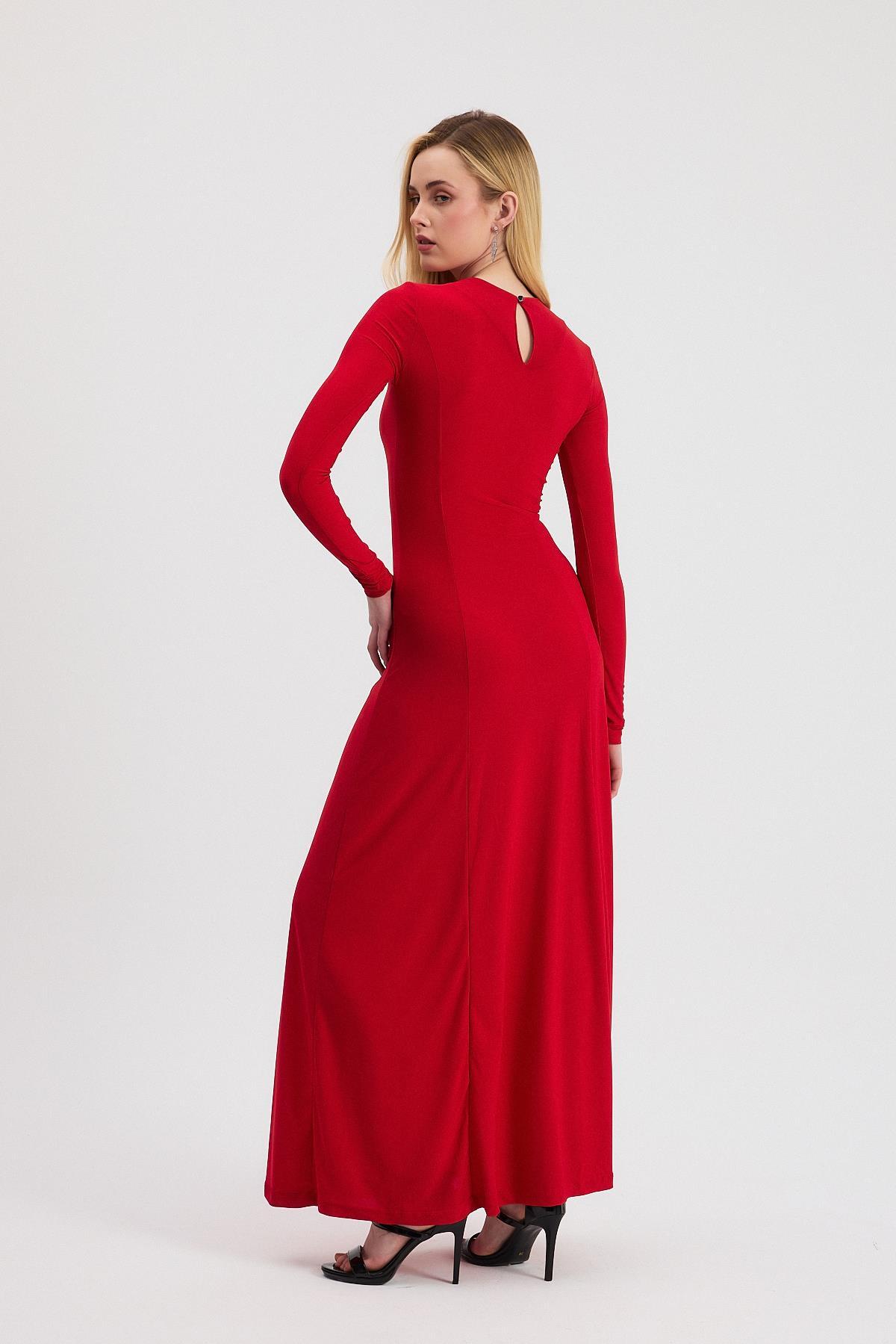 Kırmızı Bisiklet Yaka Uzun Elbise 2510 - 5