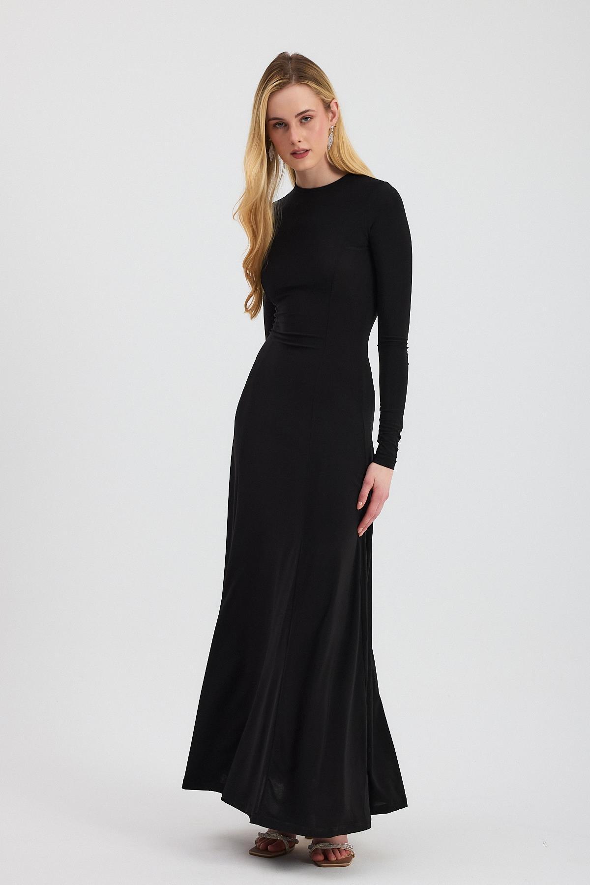 2510 Bisiklet Yaka Uzun Elbise Siyah - 3